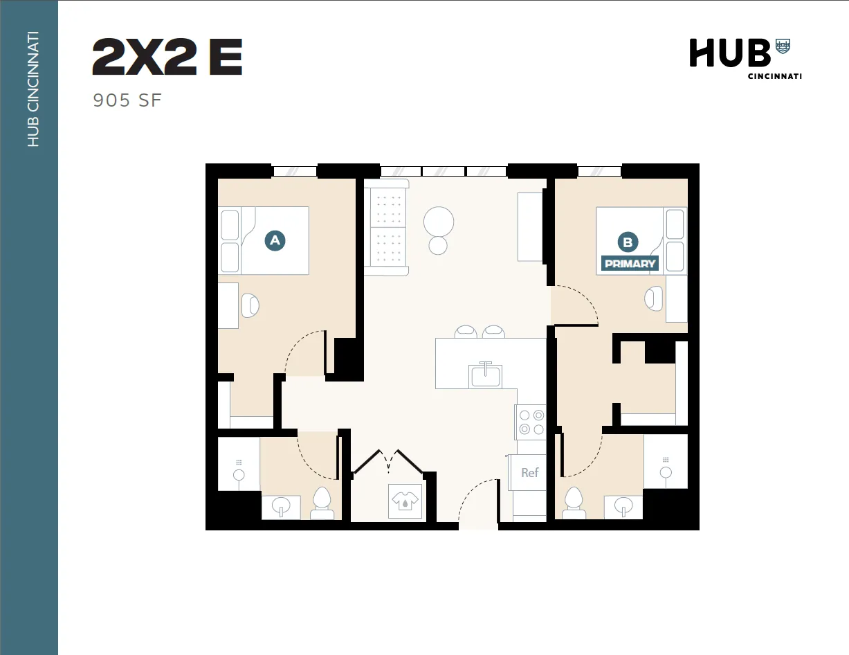 Modern 2x2 E floor plan featuring 905 sq ft, with spacious open kitchen and inviting living area, located at HUB Cincinnati.