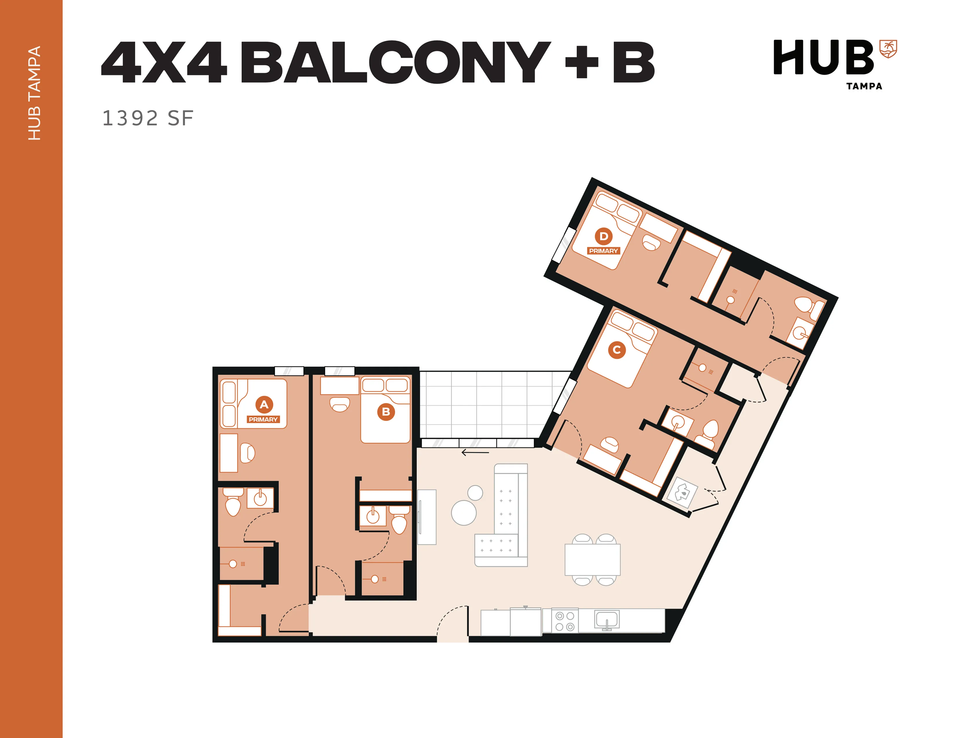 Modern 4-bedroom floor plan with spacious living area, stylish kitchen, and inviting balcony at Hub Tampa, 1392 sq ft.