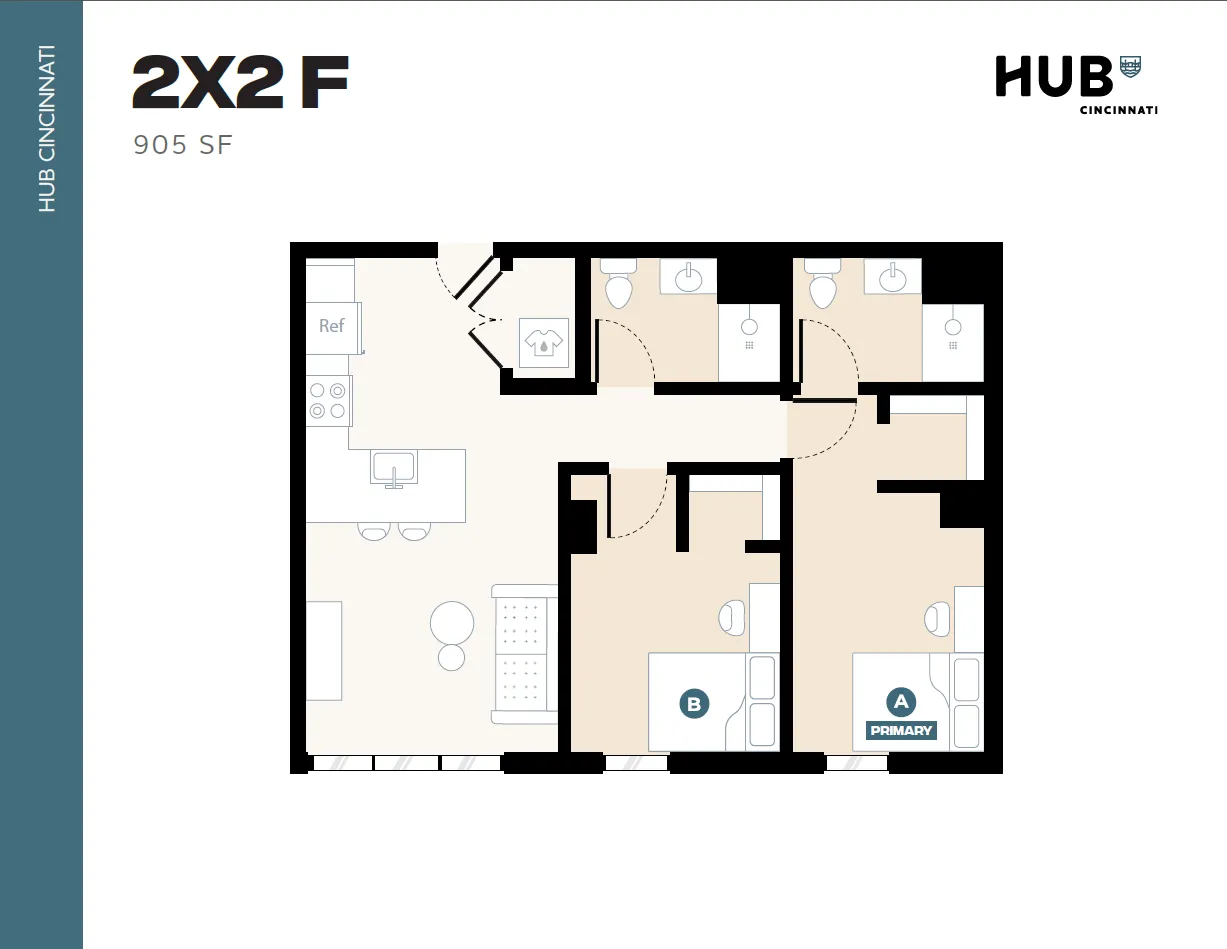 Chic 2D floor plan for a 905 sq ft apartment in HUB Cincinnati, featuring 2 bedrooms, an open-concept living area, and a modern kitchen.
