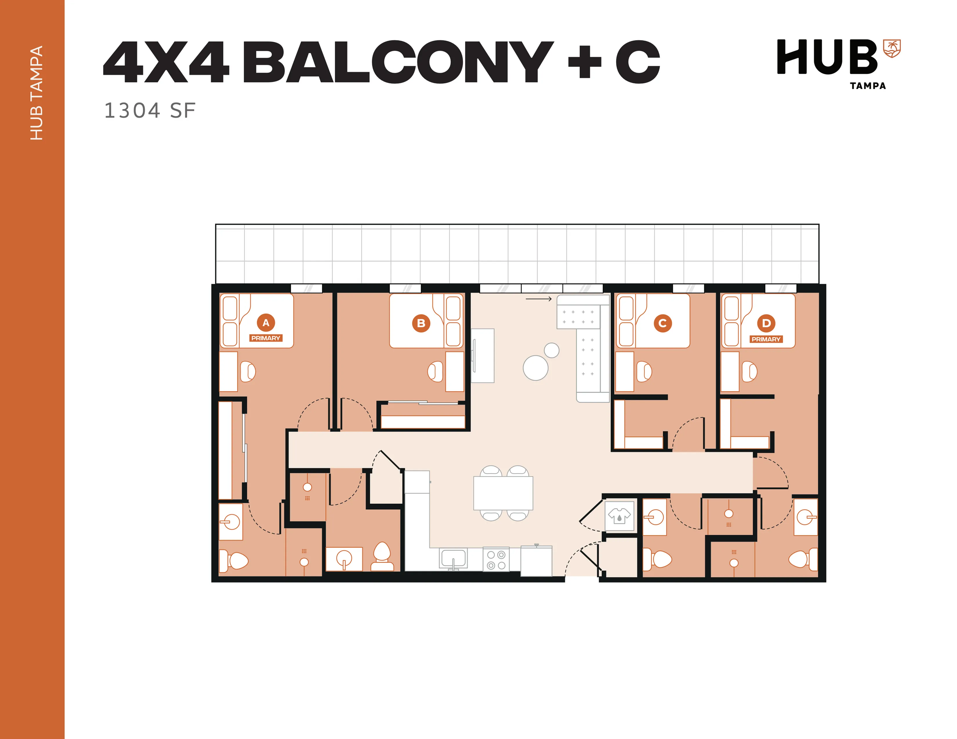 Modern 4-bedroom floor plan at Hub Tampa featuring a spacious balcony, open kitchen, and stylish living area, 1304 sq ft.