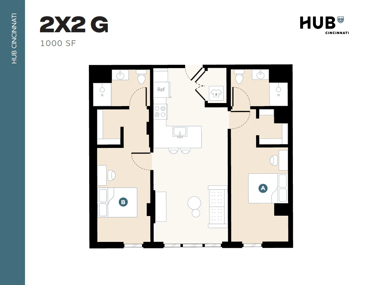 Modern 2X2 G floor plan at HUB Cincinnati featuring 1000 sq ft with two spacious bedrooms, elegant living room, and a sleek kitchen.