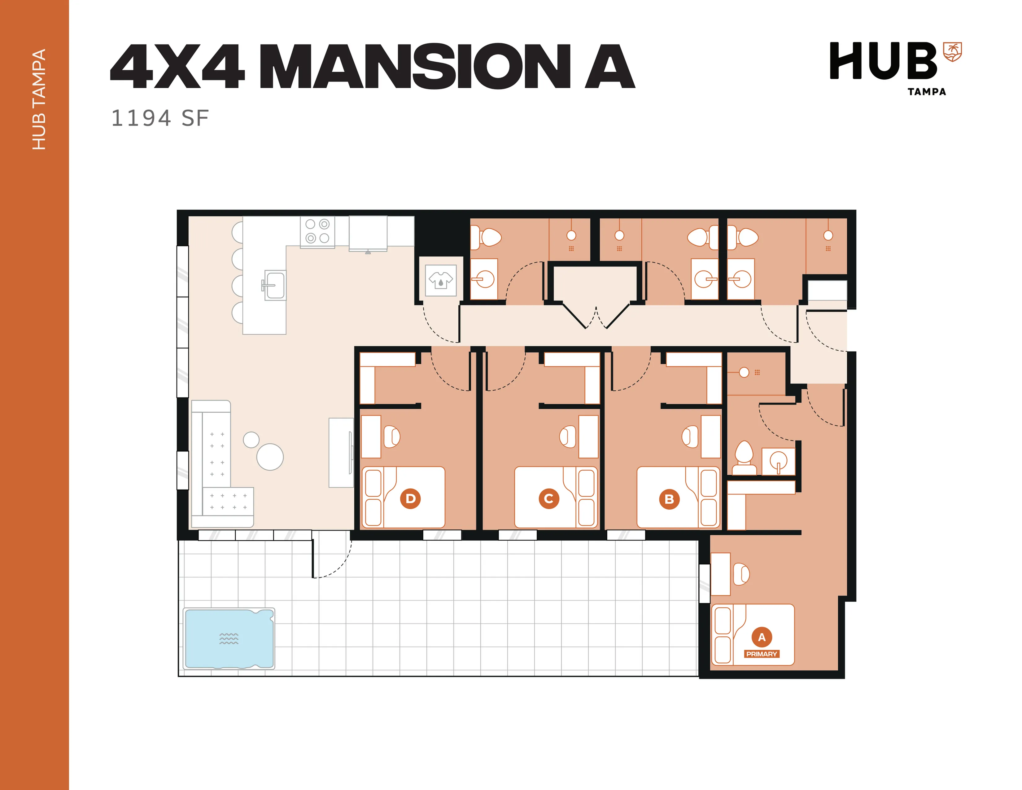 Inviting 4x4 Mansion A floor plan with 4 bedrooms, open living area, modern kitchen, and private balcony in HUB Tampa, 1194 sq ft.