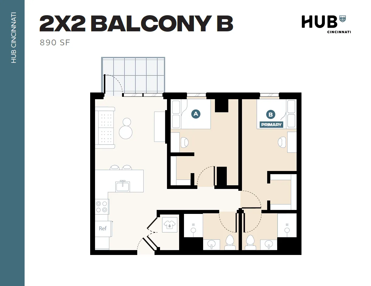 Contemporary 890 SF floor plan featuring 2 bedrooms with private balconies, modern kitchen, and dual bathrooms at HUB Cincinnati.