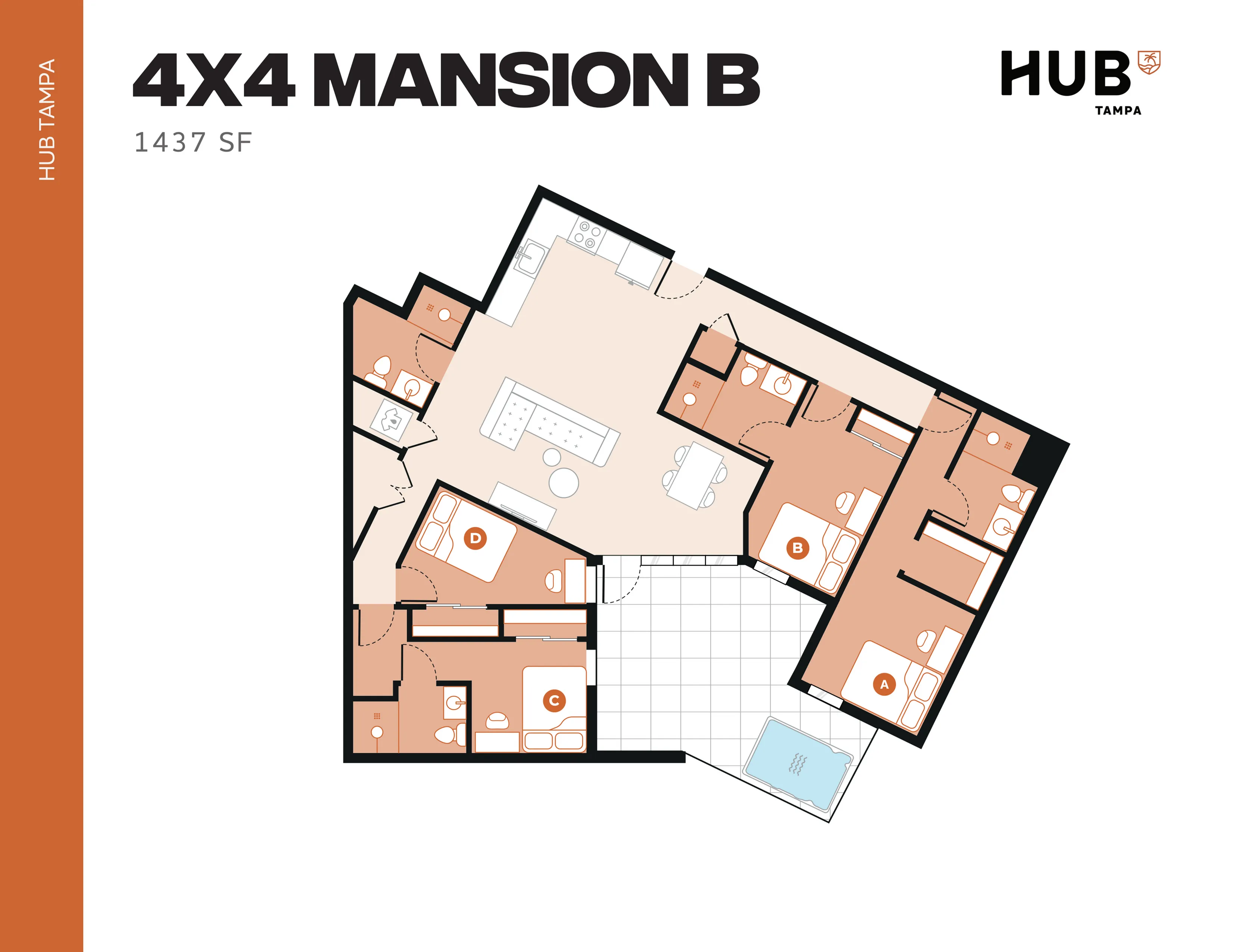 Elegant 4X4 Mansion B floor plan at HUB Tampa, 1437 SF featuring four bedrooms, spacious open living area, modern kitchen, and luxurious amenities.