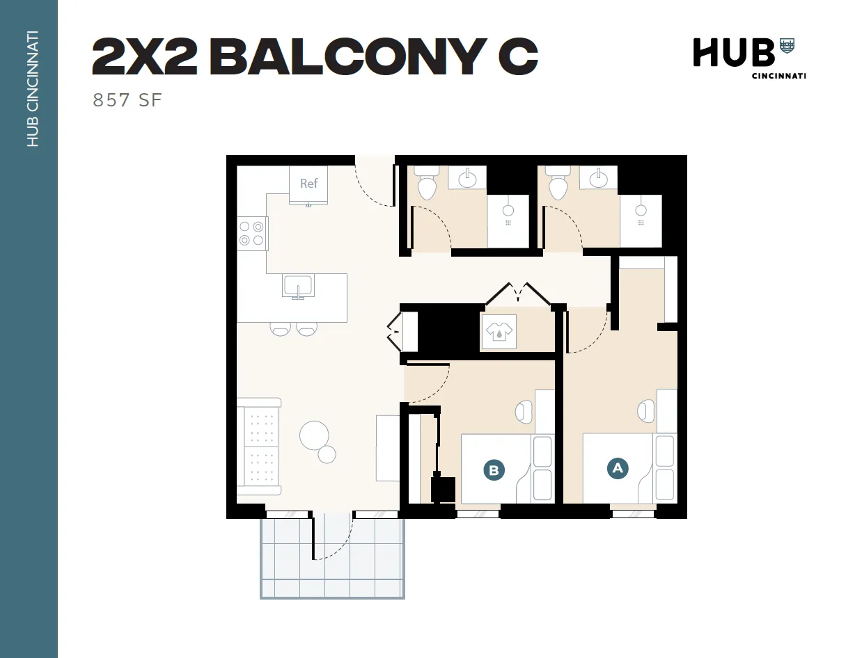 Stylish 2x2 Balcony C floor plan at HUB Cincinnati with 857 sq ft, featuring a spacious kitchen, cozy living area, and two modern bedrooms.