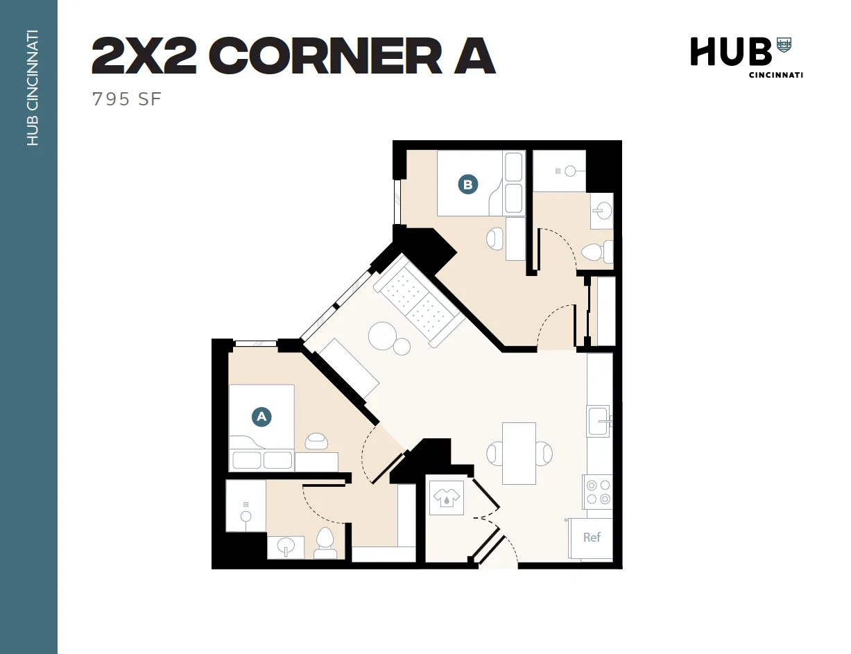 Modern 2x2 Corner A floor plan at Hub Cincinnati, 795 sq ft, featuring two bedrooms, two bathrooms, sleek kitchen, and spacious living area.
