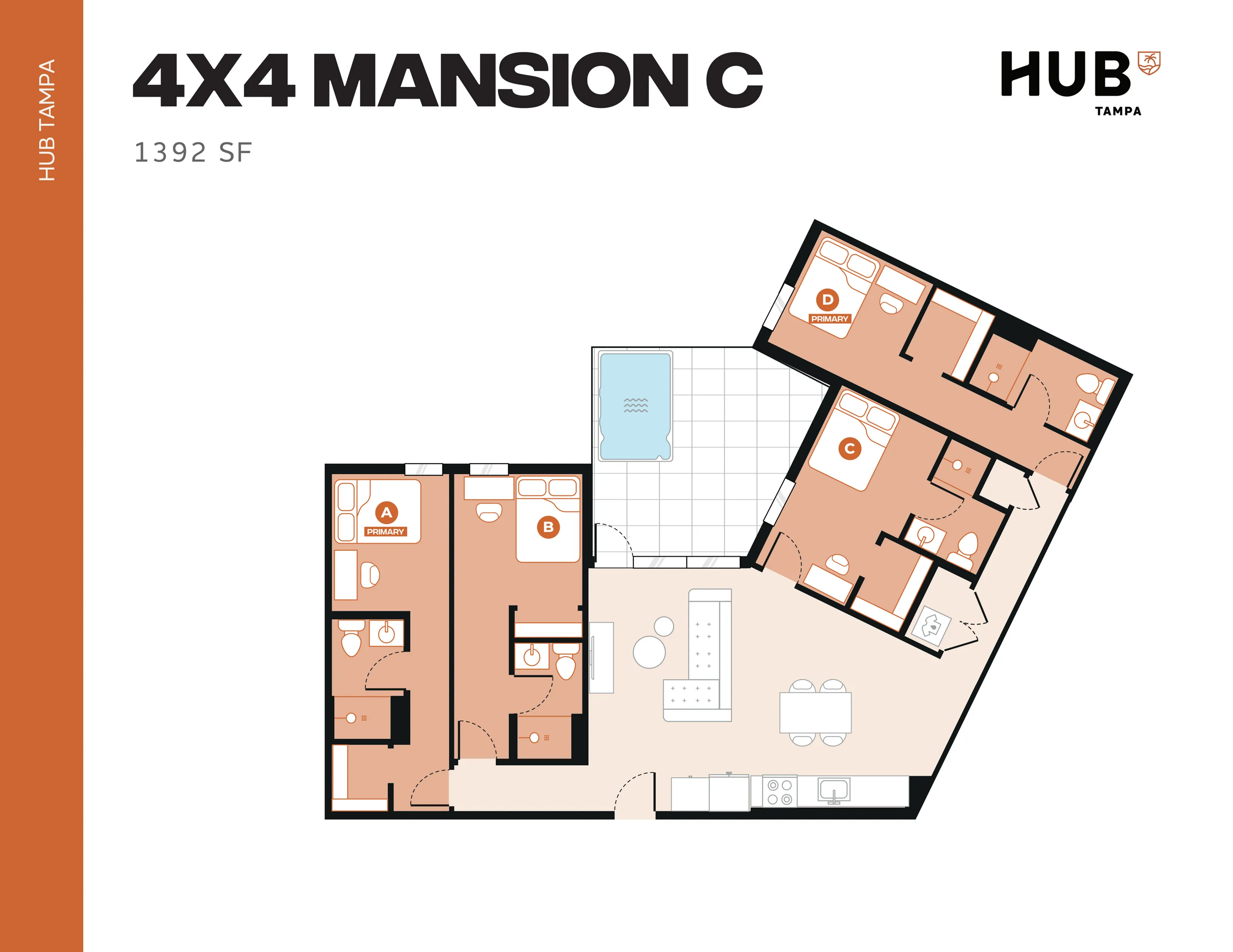 Sophisticated 4x4 Mansion C floor plan at HUB Tampa featuring 4 bedrooms, private bathrooms, spacious living area, modern kitchen, and balcony, 1392 sq ft.