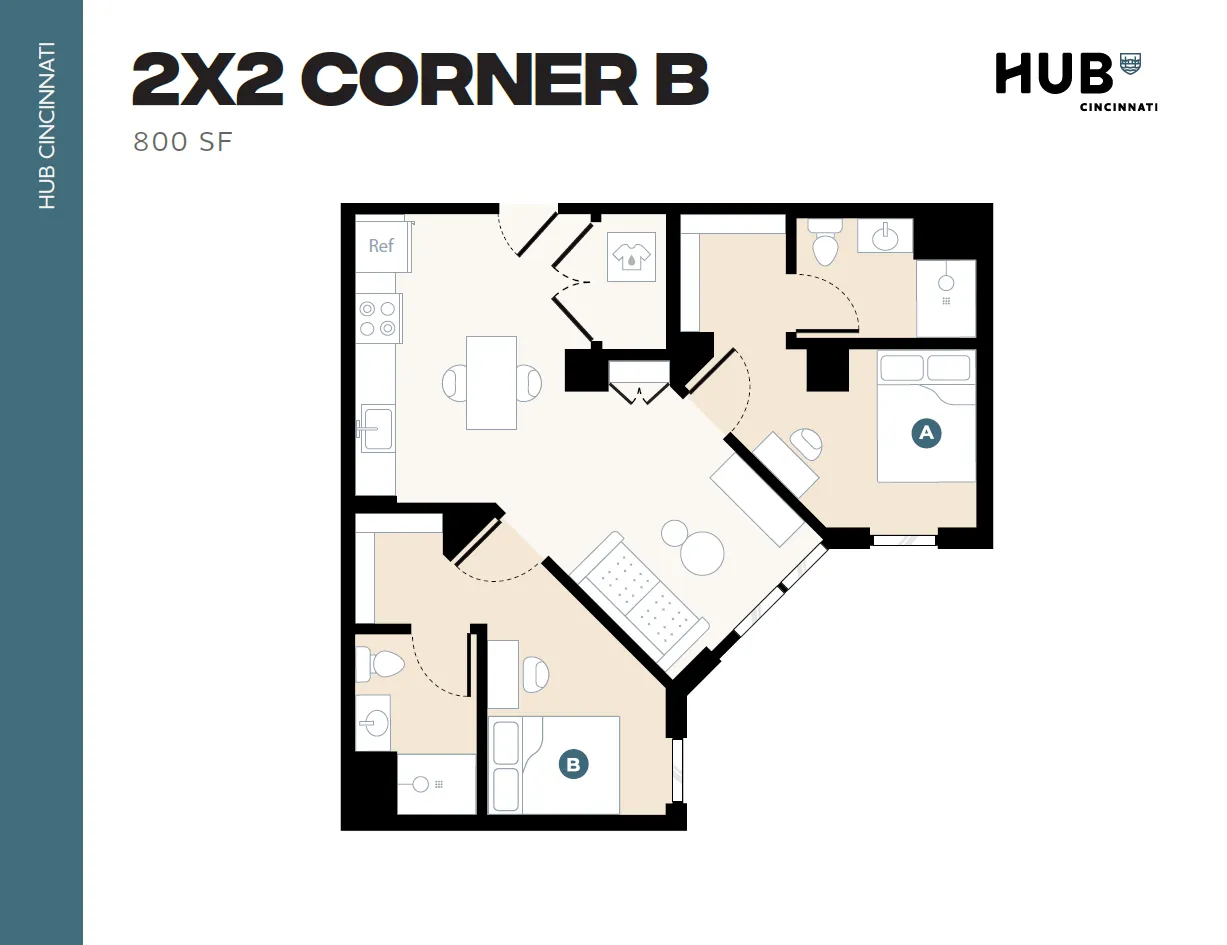 Contemporary floor plan for a 2-bedroom, 2-bathroom corner suite at Hub Cincinnati, offering 800 sq ft of well-designed space with a modern kitchen and inviting living area.