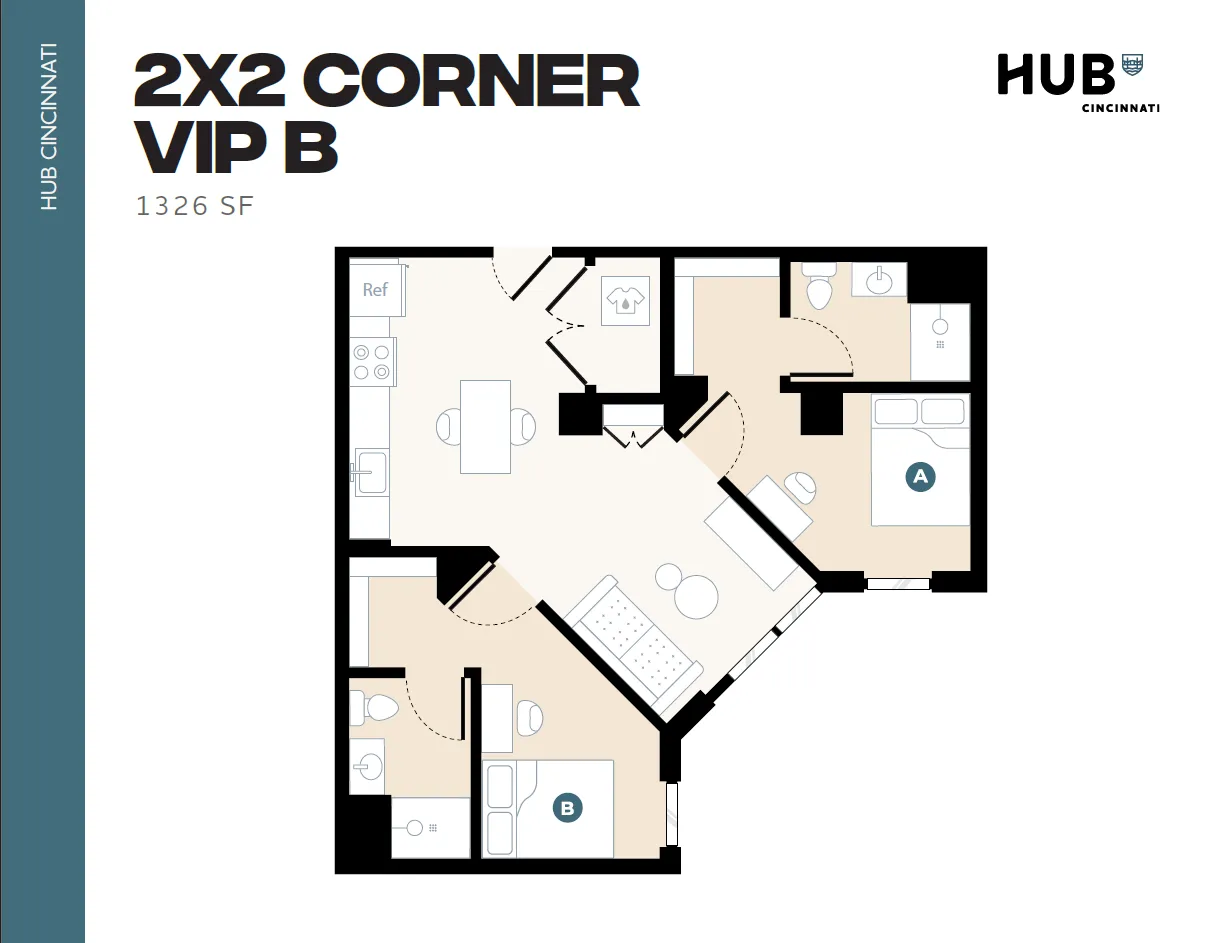 Elegant 2D floor plan, 2X2 Corner VIP B at Hub Cincinnati, showcasing two spacious bedrooms, a modern kitchen, and a cozy open-concept living area, covering 1326 sq ft.
