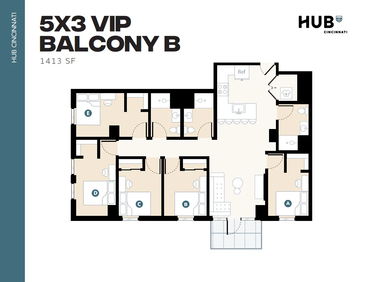Spacious 5-bedroom floor plan with VIP balcony, featuring open kitchen and living area, ideal for modern living in Cincinnati, 1413 sq ft.