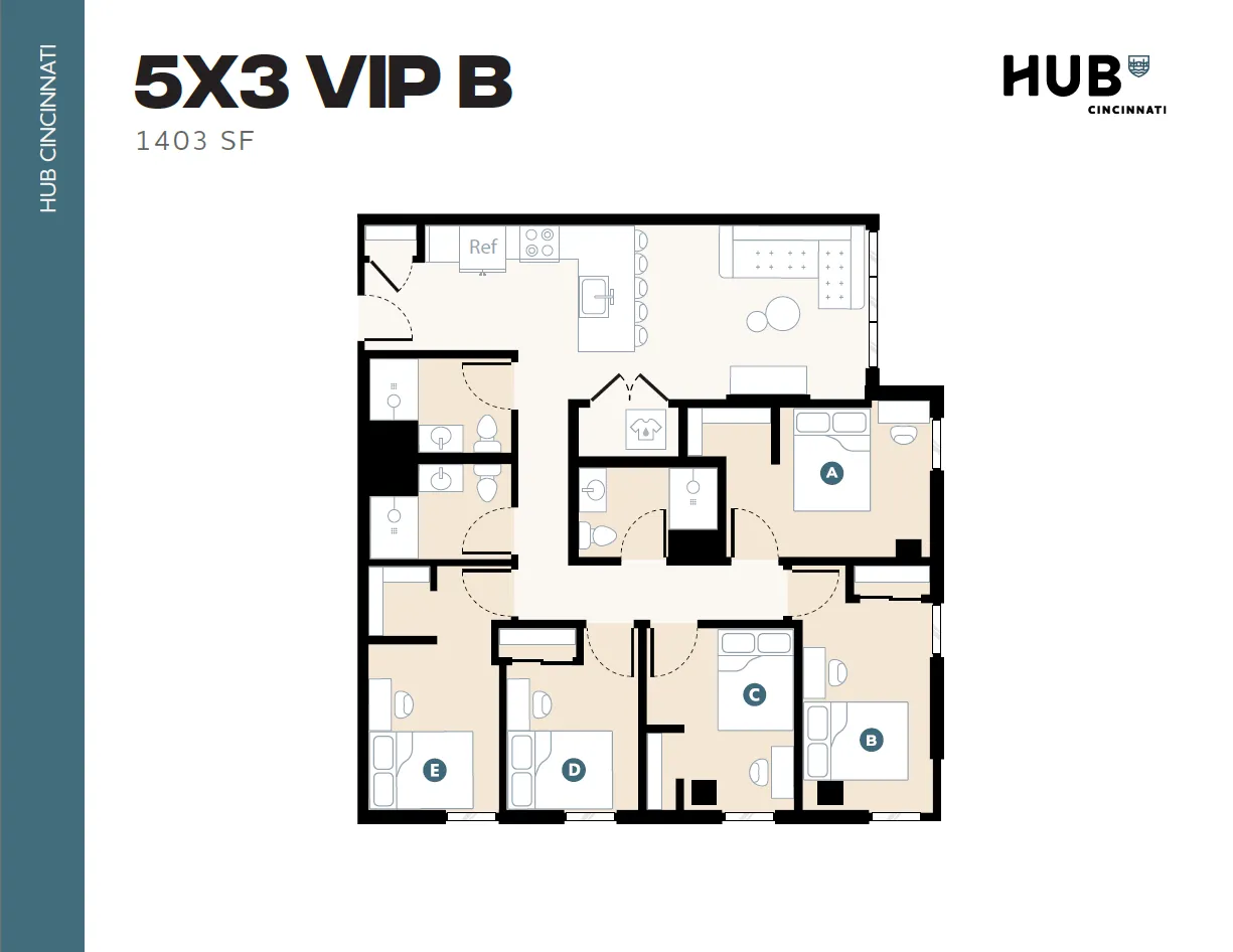 Elegant 5X3 VIP B floor plan at HUB Cincinnati, boasting 1403 sq ft with five spacious bedrooms, modern kitchen, and open living area for comfortable urban living.