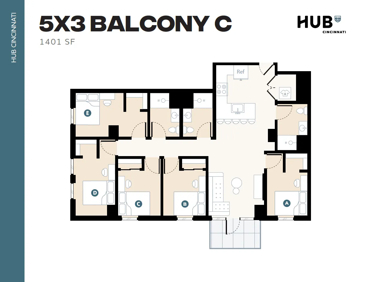 Spacious 1401 SF floor plan featuring 5 bedrooms with private balconies, modern kitchen, and inviting living area located in HUB Cincinnati.