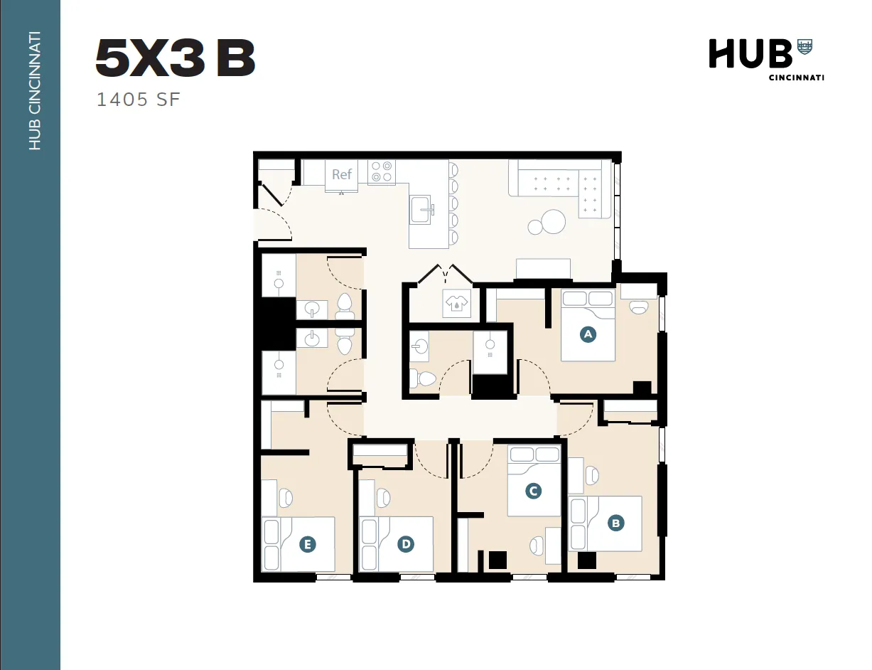 Modern 5-bedroom floor plan at Hub Cincinnati, featuring an expansive living area and a well-equipped kitchen, totaling 1405 sq ft.