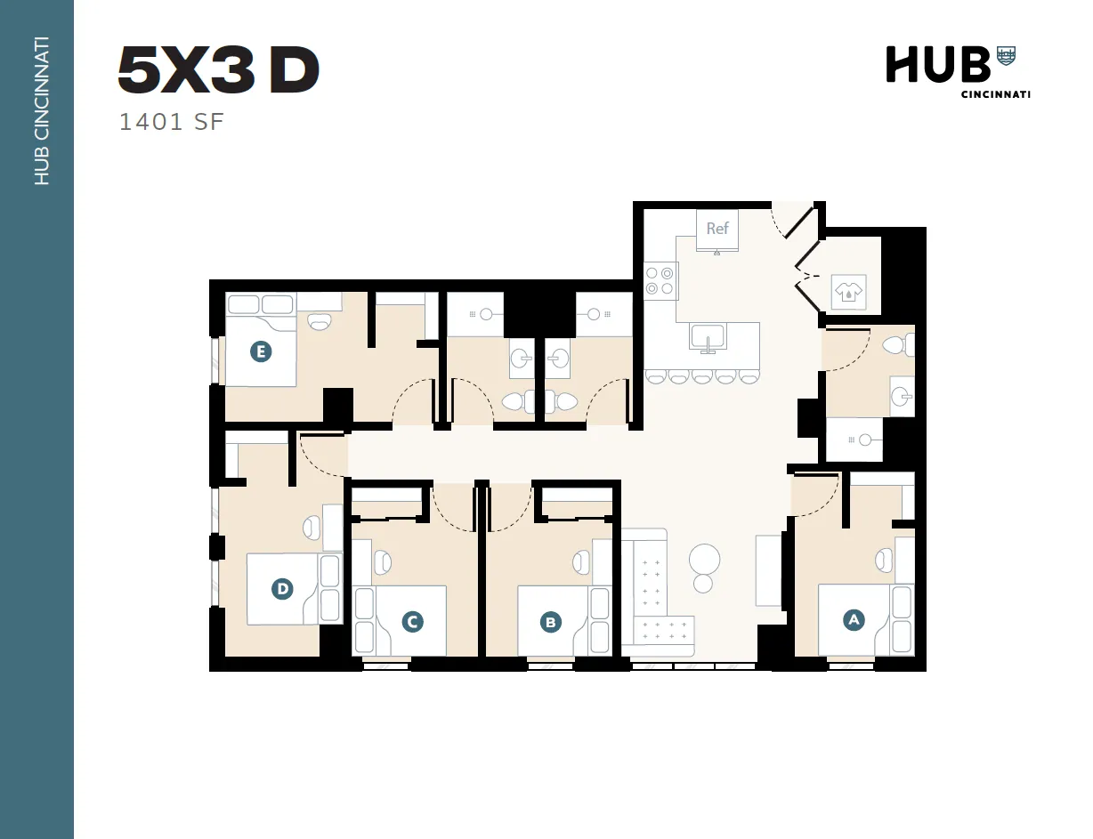 Modern 5-bedroom floor plan at Hub Cincinnati, showcasing a spacious living area, open kitchen with island, and well-arranged bathrooms, totaling 1401 square feet.