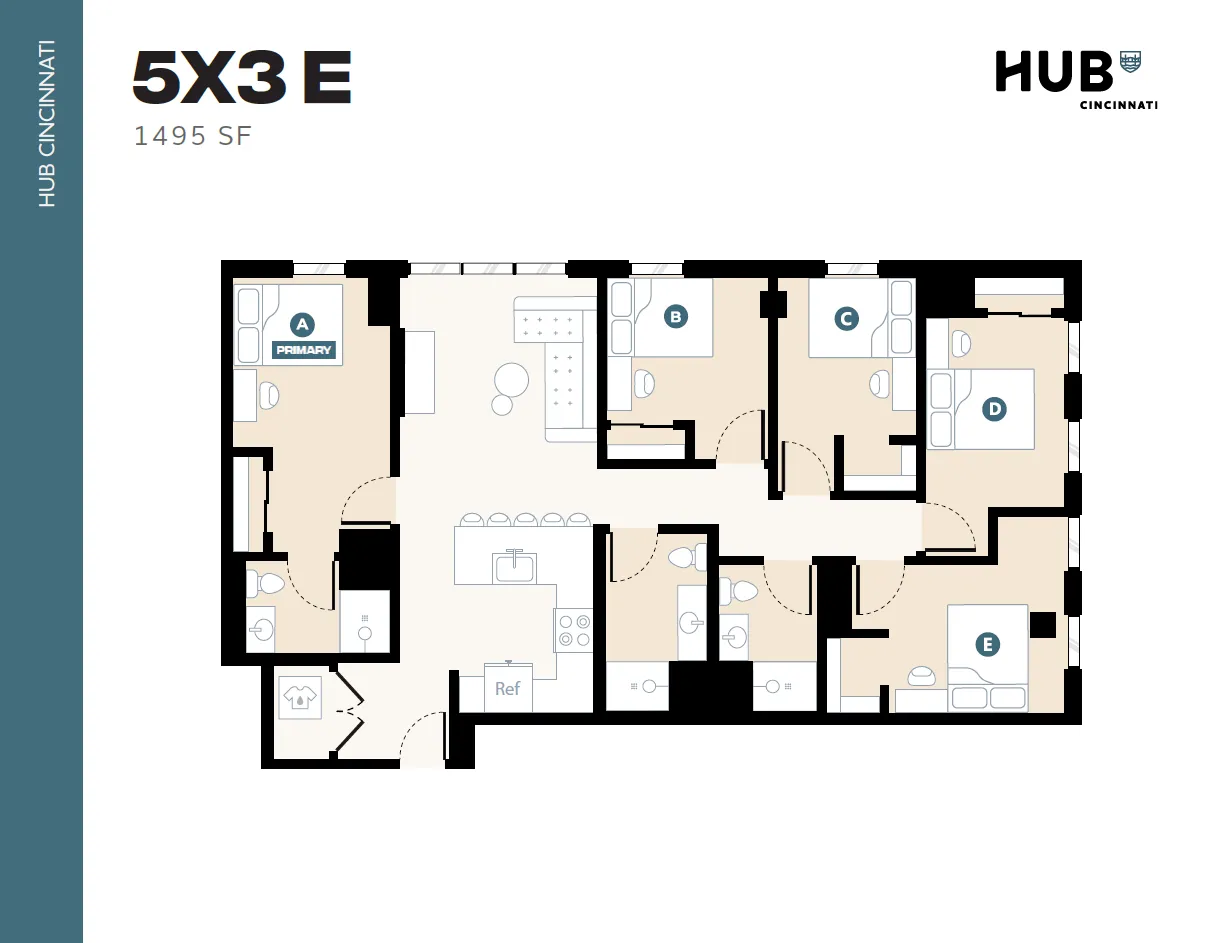 Modern 5-bedroom 3-bath floor plan for a 1495 sq ft apartment at HUB Cincinnati, featuring a spacious open-concept living and dining area with ample natural light.
