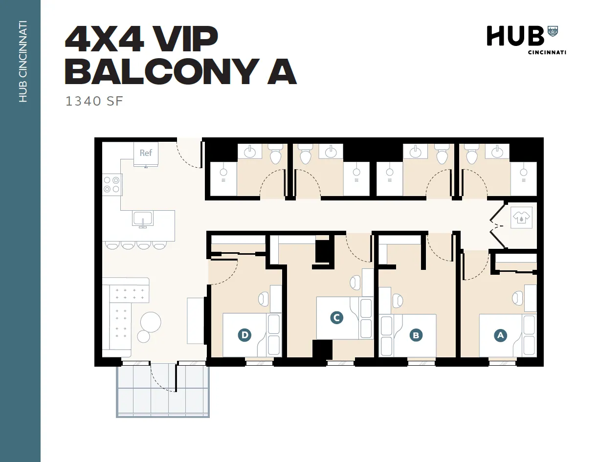 Modern 4x4 VIP floor plan featuring a balcony, four bedrooms with private baths, and a spacious open kitchen, 1340 sq ft at Hub Cincinnati.