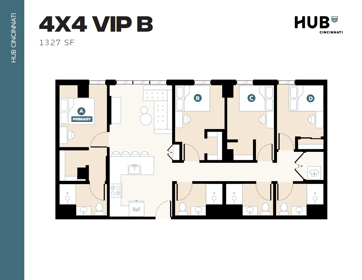 Elegant 4X4 VIP B floor plan at Hub Cincinnati featuring 4 bedrooms, modern kitchen, and communal living space, 1327 sq ft.