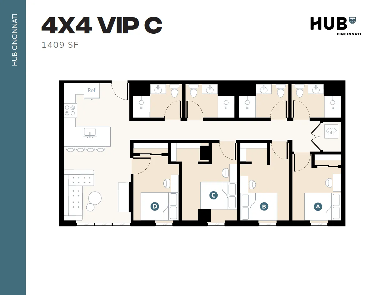 Modern 4-bedroom floor plan at Hub Cincinnati, featuring spacious open kitchen and living area, 1409 sq ft.