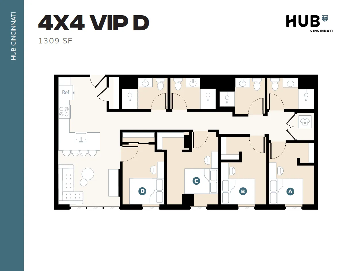 Modern 4-bedroom VIP suite floor plan featuring 4 private bathrooms, spacious living area, and contemporary kitchen in Cincinnati, 1309 sq ft.