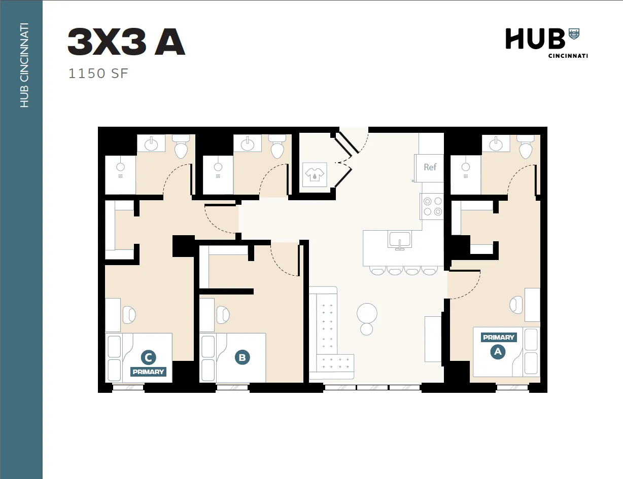 Modern 3-bedroom apartment floor plan at Hub Cincinnati featuring spacious living area, open kitchen, and 3 bathrooms in a 1150 sq ft layout.