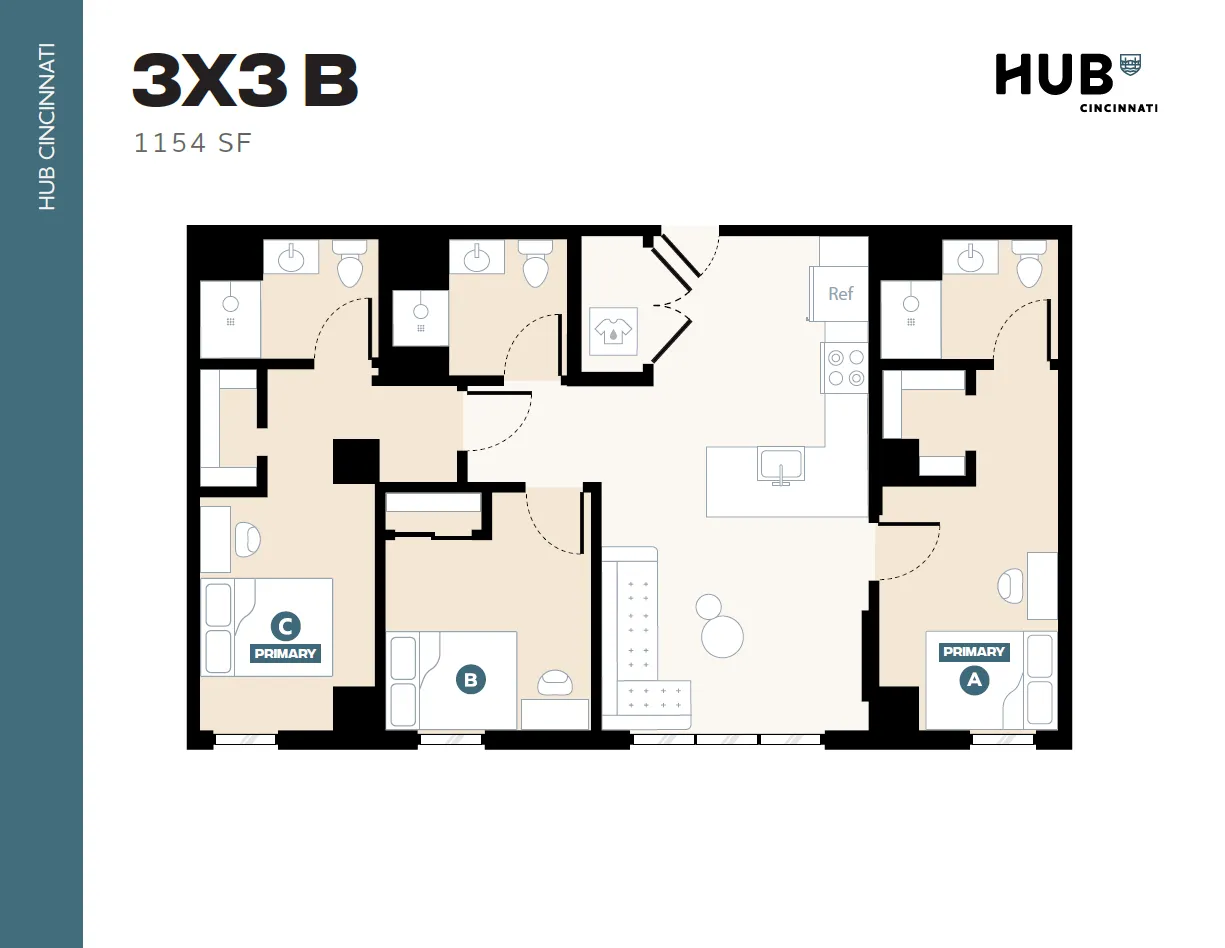 Modern 3-bedroom, 3-bathroom floor plan at Hub Cincinnati, featuring an open-concept living area with 1154 sq ft of comfortable space.