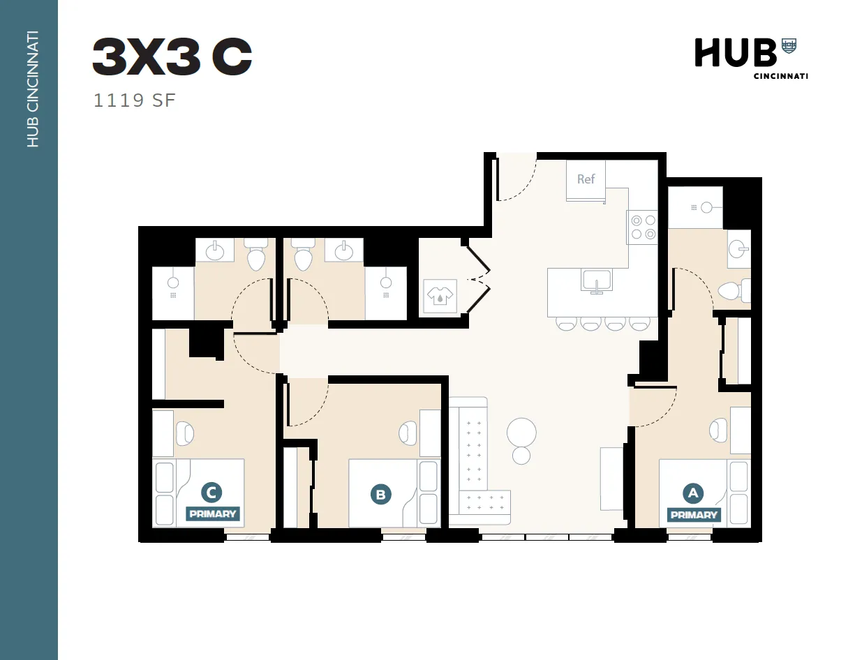 Modern 3x3C apartment floor plan at HUB Cincinnati, featuring three spacious bedrooms, a cozy living area, and a functional kitchen, total 1119 sq ft.