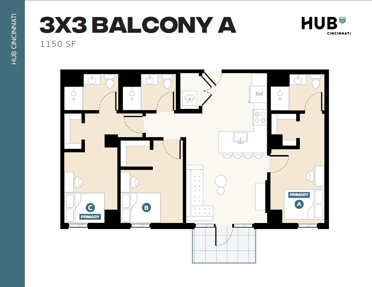 Modern 1150 sq ft floor plan at Hub Cincinnati featuring 3 bedrooms, 3 bathrooms, and a balcony with open living and kitchen area.