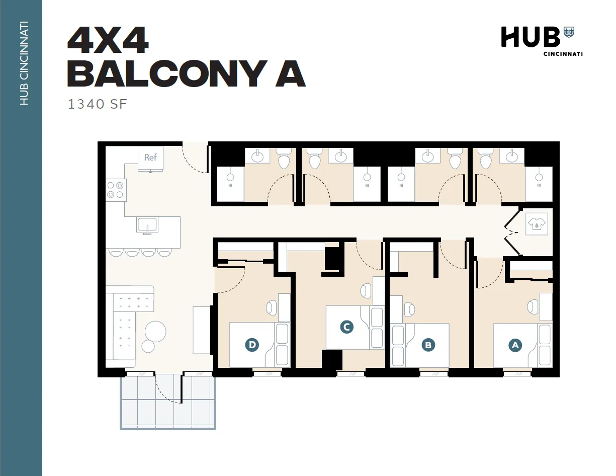 Modern floor plan of Hub Cincinnati's 4x4 Balcony A, showcasing four bedrooms with private bathrooms, open kitchen, living area, and balcony, 1340 sq ft.