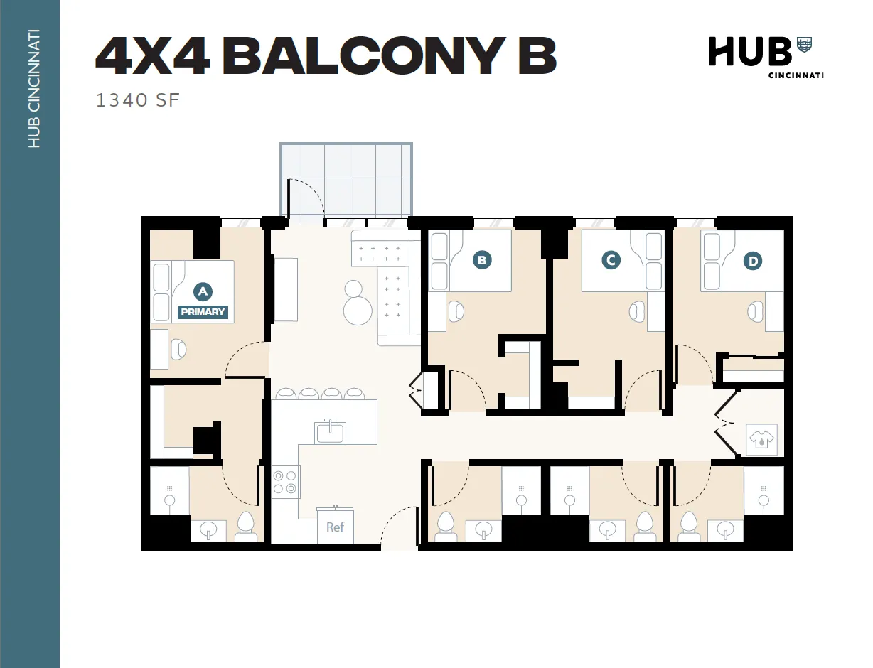 Spacious 4-bedroom apartment floor plan with a balcony, featuring a modern open-concept living and kitchen area at Hub Cincinnati, 1340 sq ft.