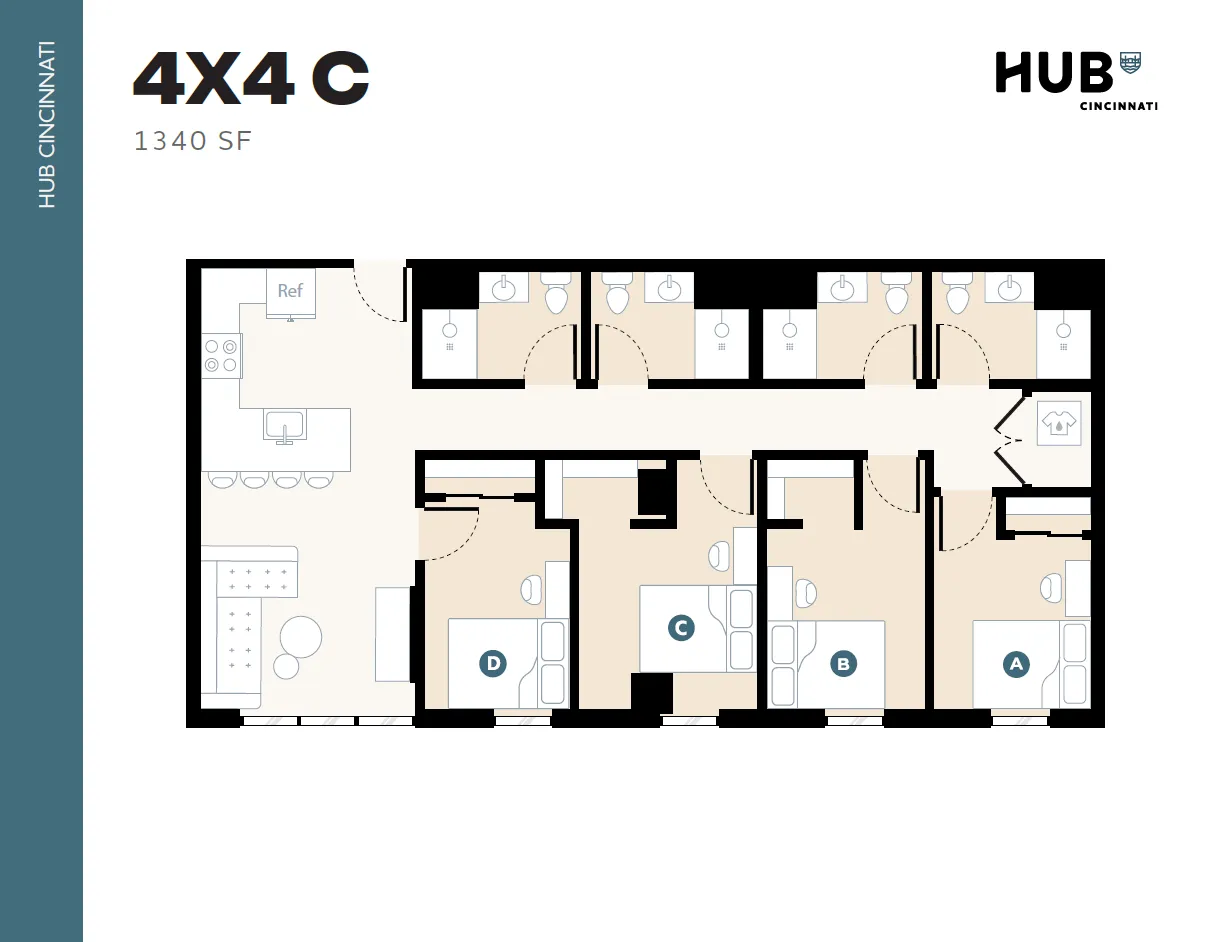 Modern 4X4 C floor plan at HUB Cincinnati showcasing 4 bedrooms, 4 bathrooms, and a spacious kitchen layout, totaling 1340 square feet.