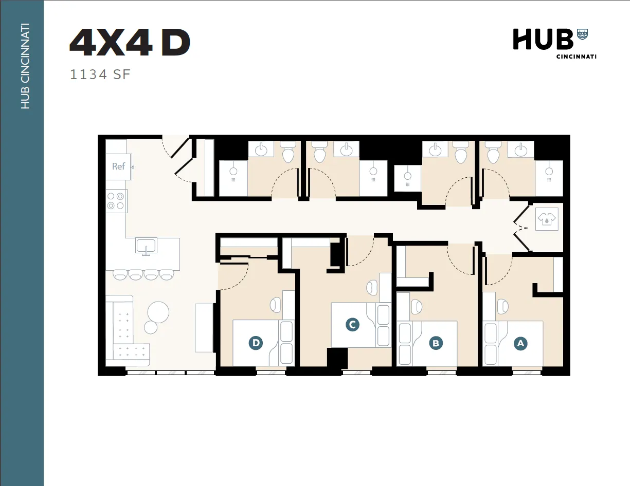 Modern 4-bedroom, 4-bathroom floor plan at Hub Cincinnati, featuring a spacious kitchen and inviting living area, 1134 square feet.