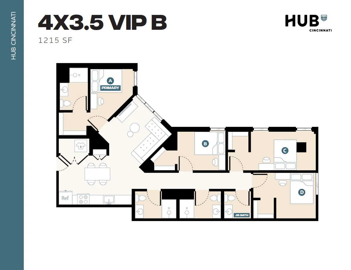 Elegant 4-bedroom apartment floor plan, featuring 3.5 baths and a spacious open living area, 1215 sq ft, in the heart of Cincinnati.