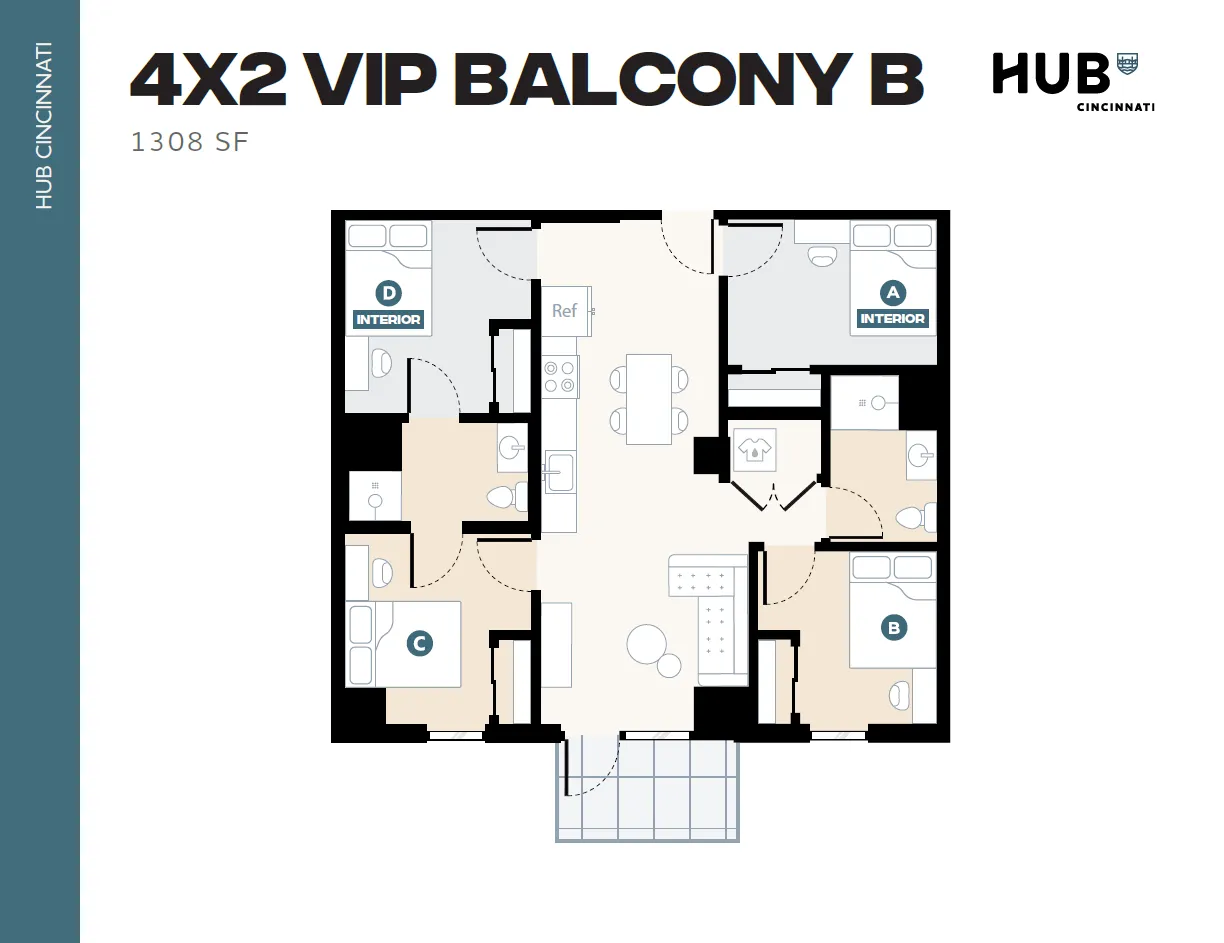 Modern 4-bedroom apartment floor plan with a spacious balcony, interior layout at 1308 sq ft in HUB Cincinnati.