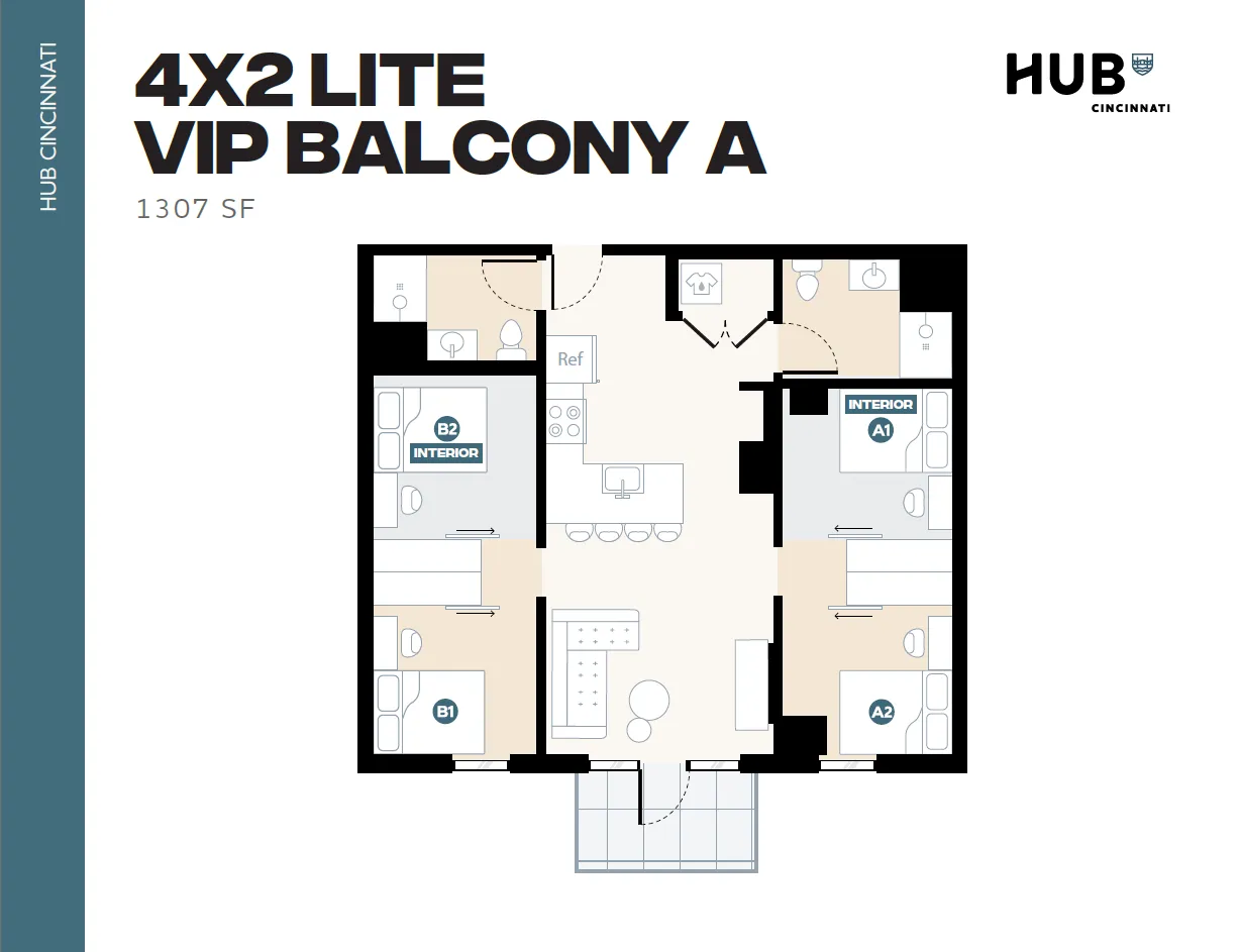 Inviting 4X2 Lite floor plan with 1307 sq ft featuring four bedrooms, a modern kitchen, and a VIP balcony in Hub Cincinnati.