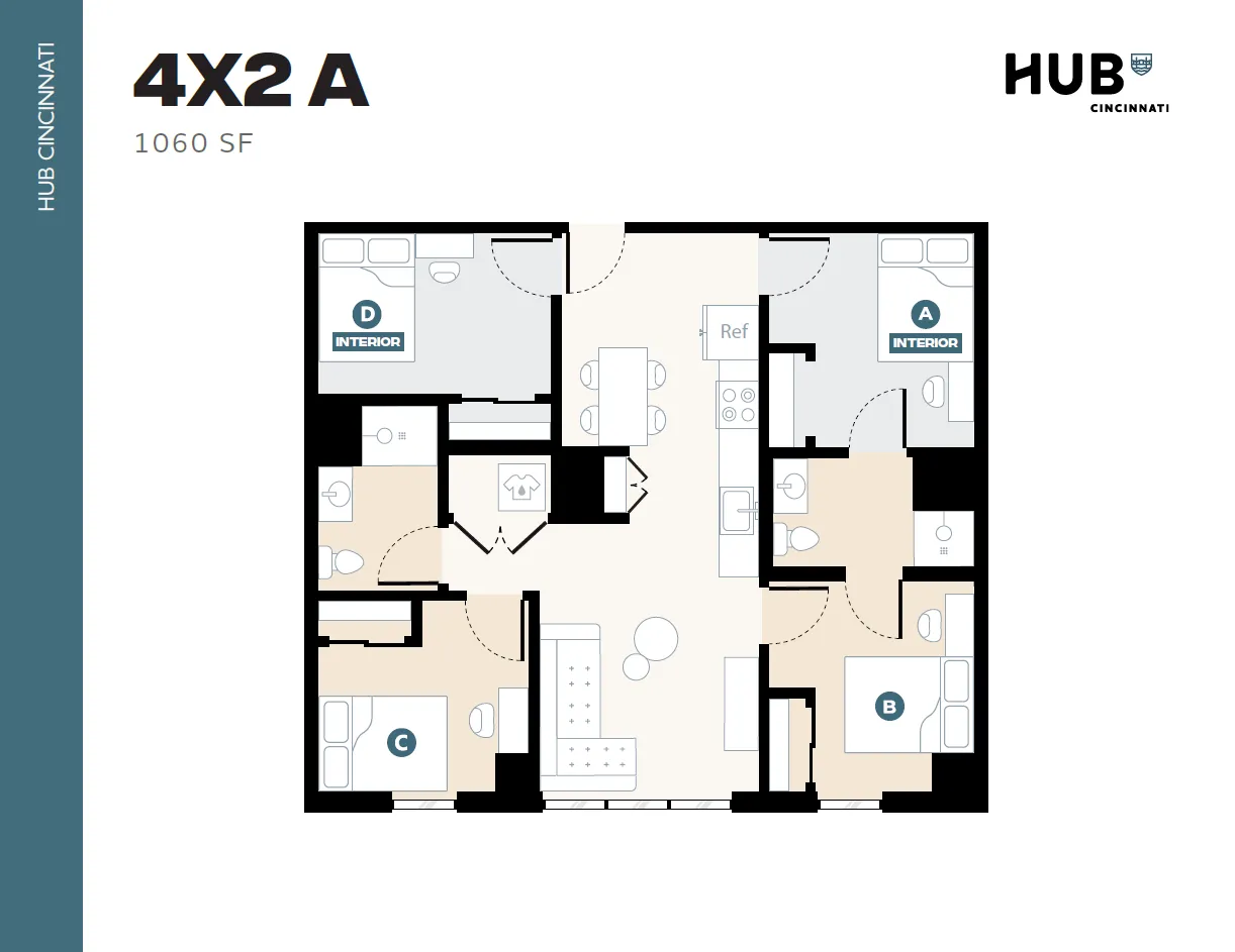 Modern 4-bedroom apartment floor plan with open living space and two bathrooms, HUB Cincinnati, 1060 sq ft.