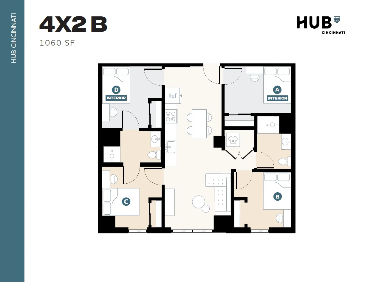Inviting 4X2B floor plan at HUB Cincinnati showcasing 4 bedrooms, 2 bathrooms, and an open kitchen-living area, ideal for modern living, spread over 1060 sq ft.