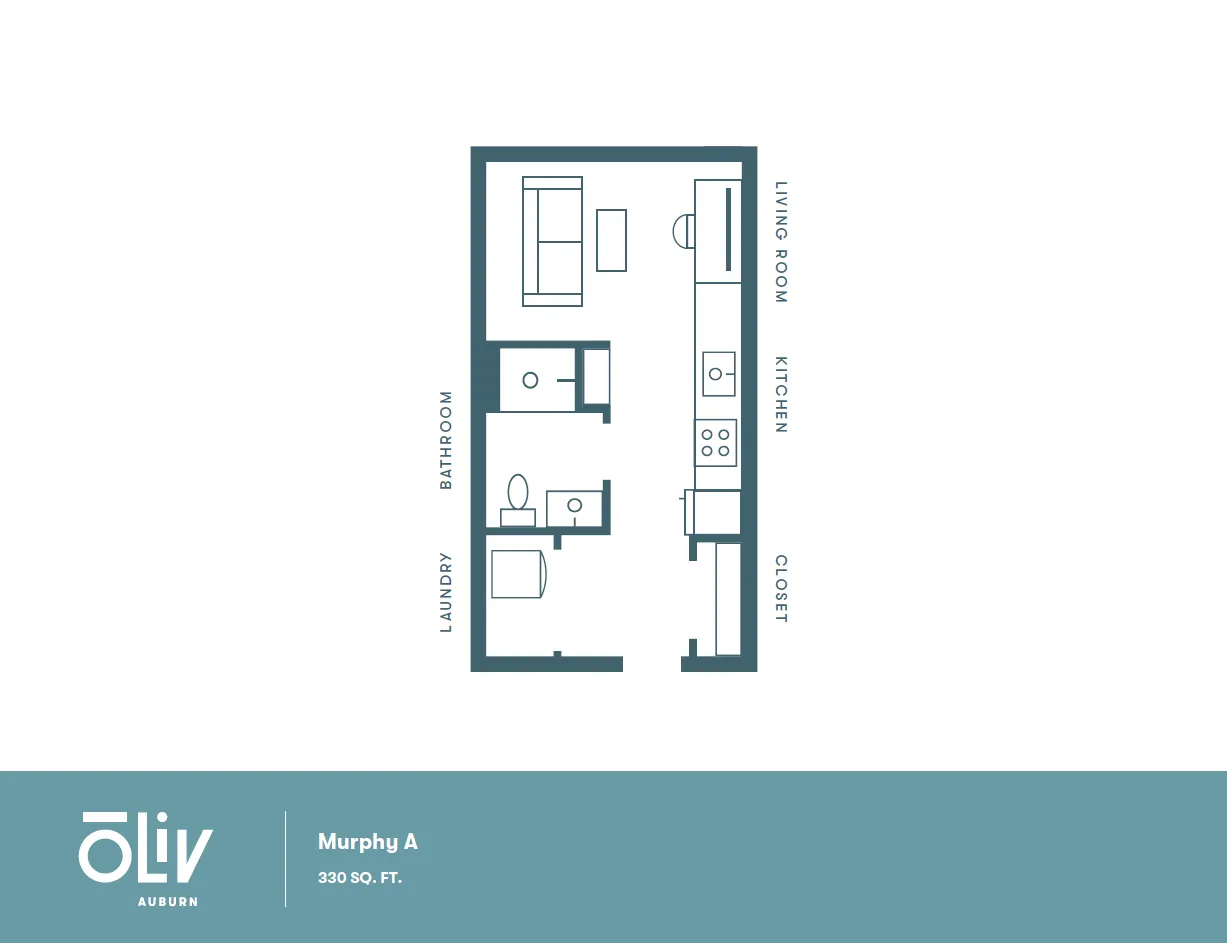 Compact and modern floor plan of Murphy A, featuring an efficient layout with an open kitchen, cozy living room, and convenient laundry space in 330 sq. ft.
