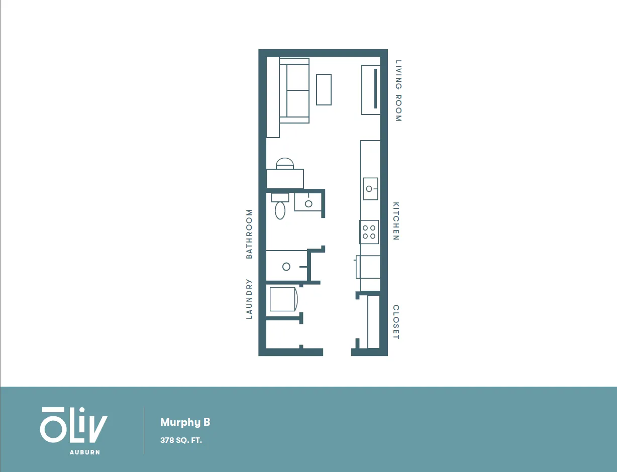 Modern floor plan of Murphy B unit at Oliv Auburn, featuring a compact 378 sq. ft. layout with living room, kitchen, bathroom, and laundry area.