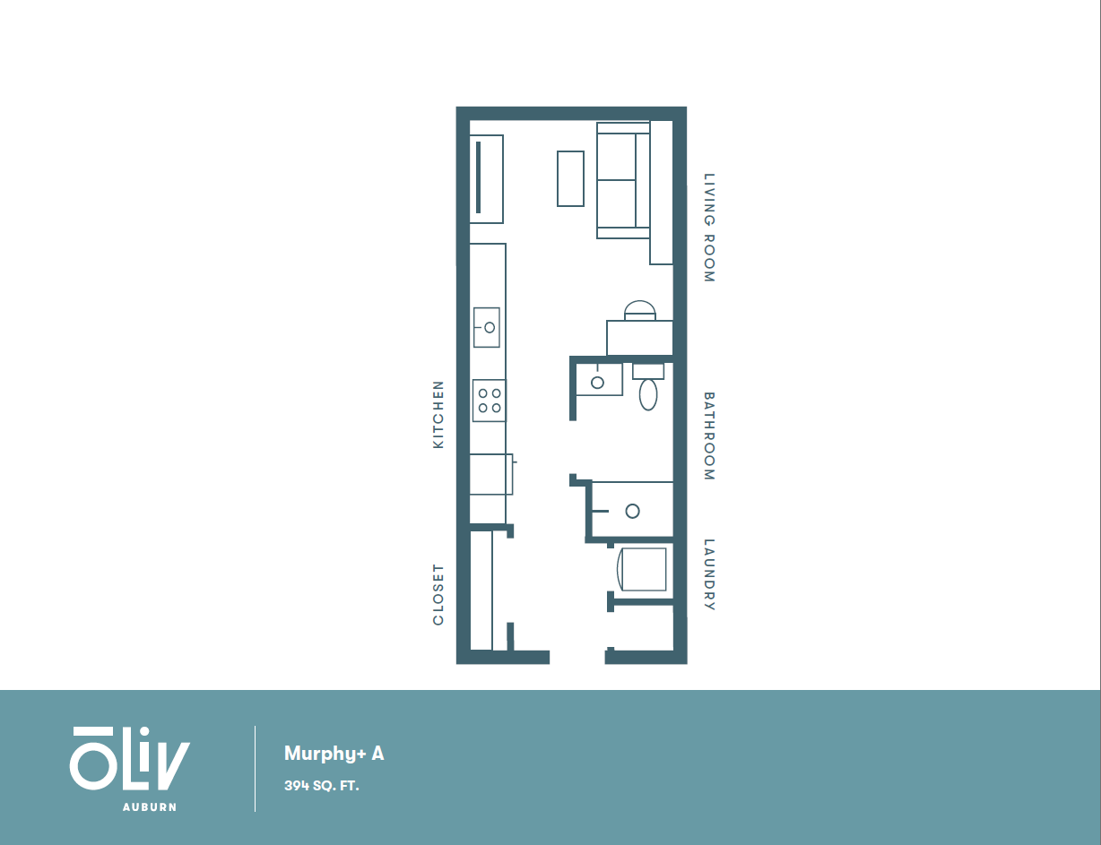 Efficient 394 sq ft floor plan showcasing a modern studio layout with a sleek kitchen, cozy living room, functional bathroom, and convenient laundry space.