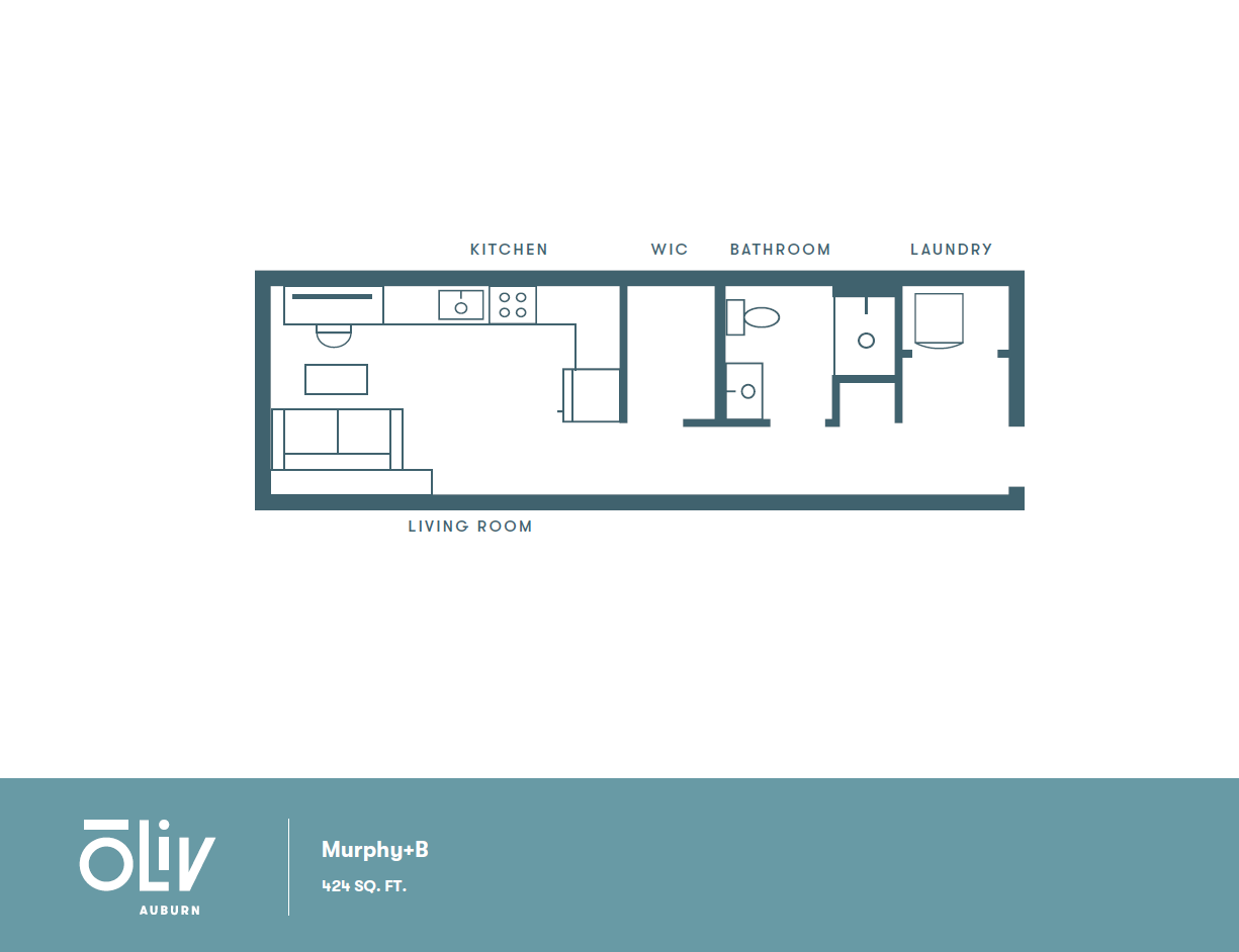 Compact and efficient Murphy+B floor plan with integrated kitchen, living area, and modern amenities in 424 sq. ft.