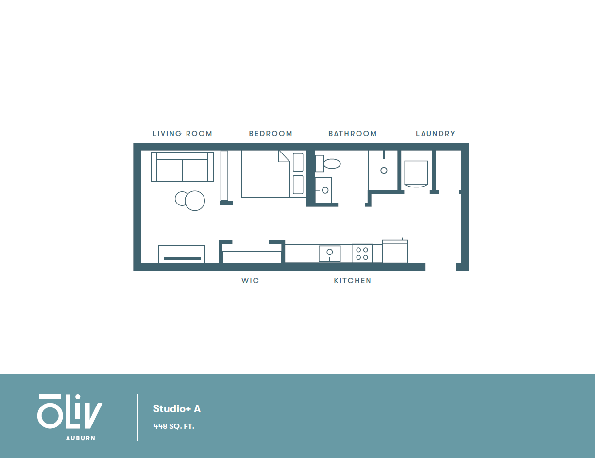 Modern studio floor plan featuring a spacious living room, cozy bedroom, efficient kitchen, and laundry area in 448 sq. ft.