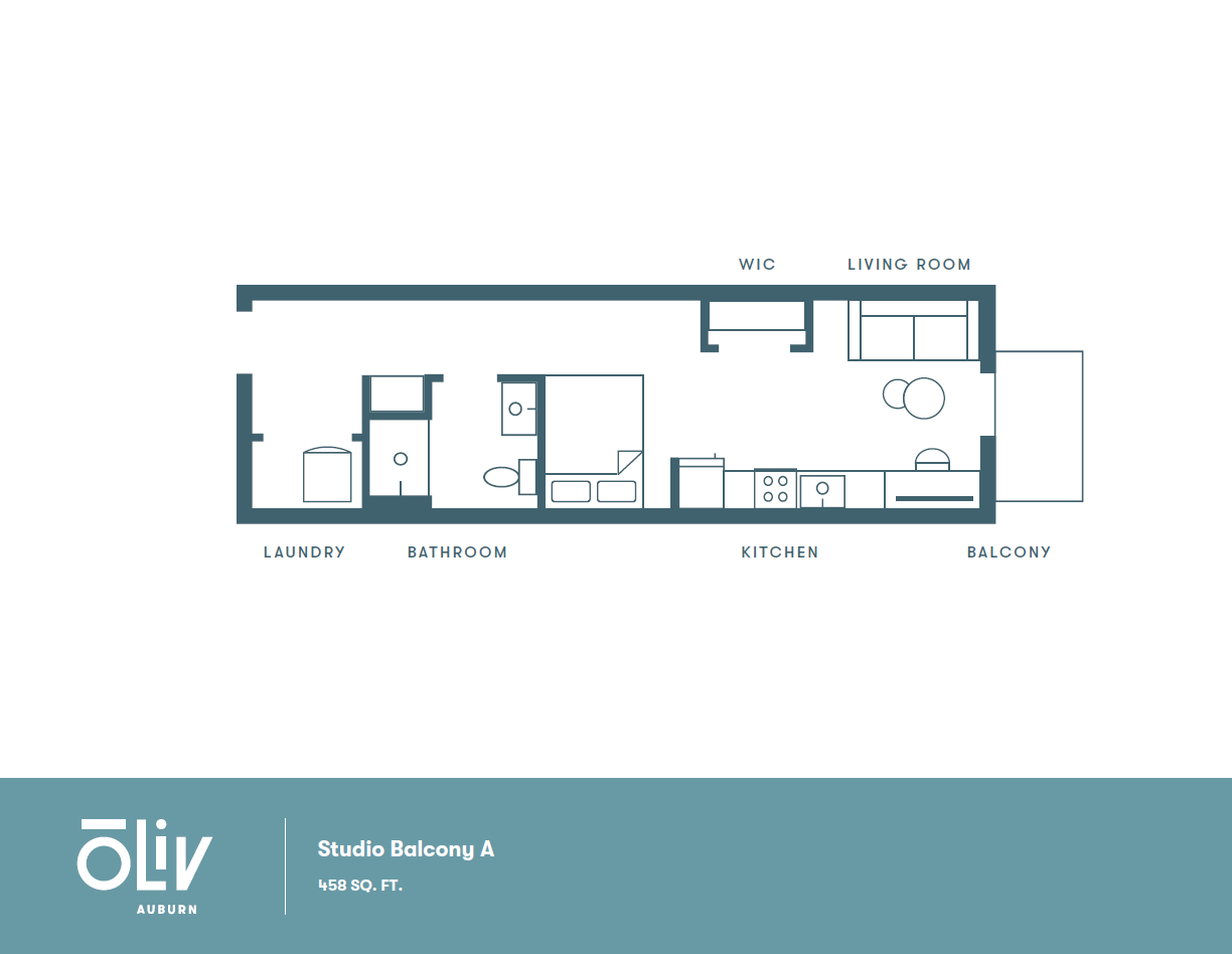Chic floor plan of Studio Balcony A at Oliv Auburn, featuring an efficient 458 sq. ft. layout with a modern kitchen, cozy living area, and inviting balcony.