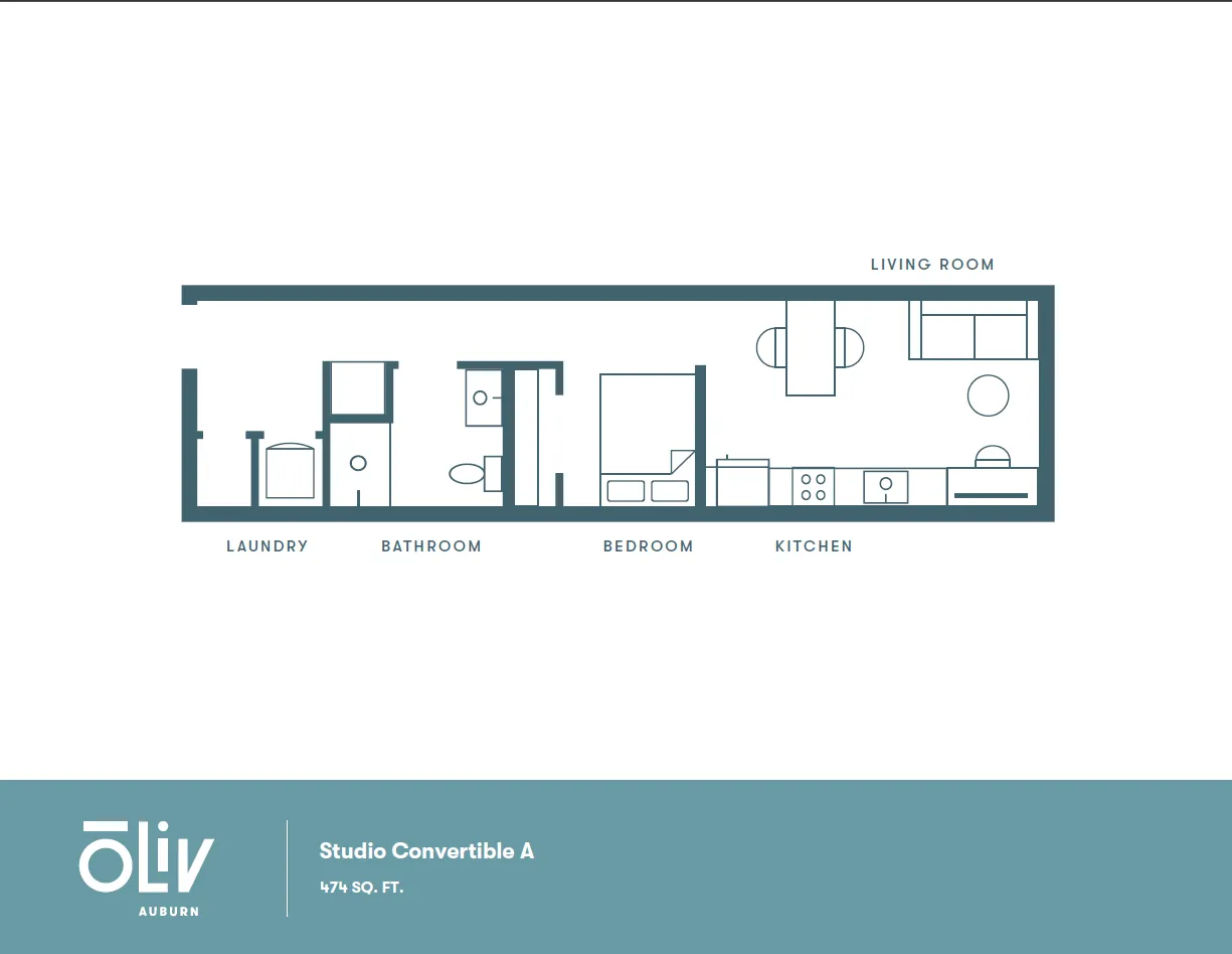 Modern Studio Convertible A floor plan featuring 1 bedroom, efficient kitchen, cozy living room, laundry space, and bathroom in 474 sq. ft.