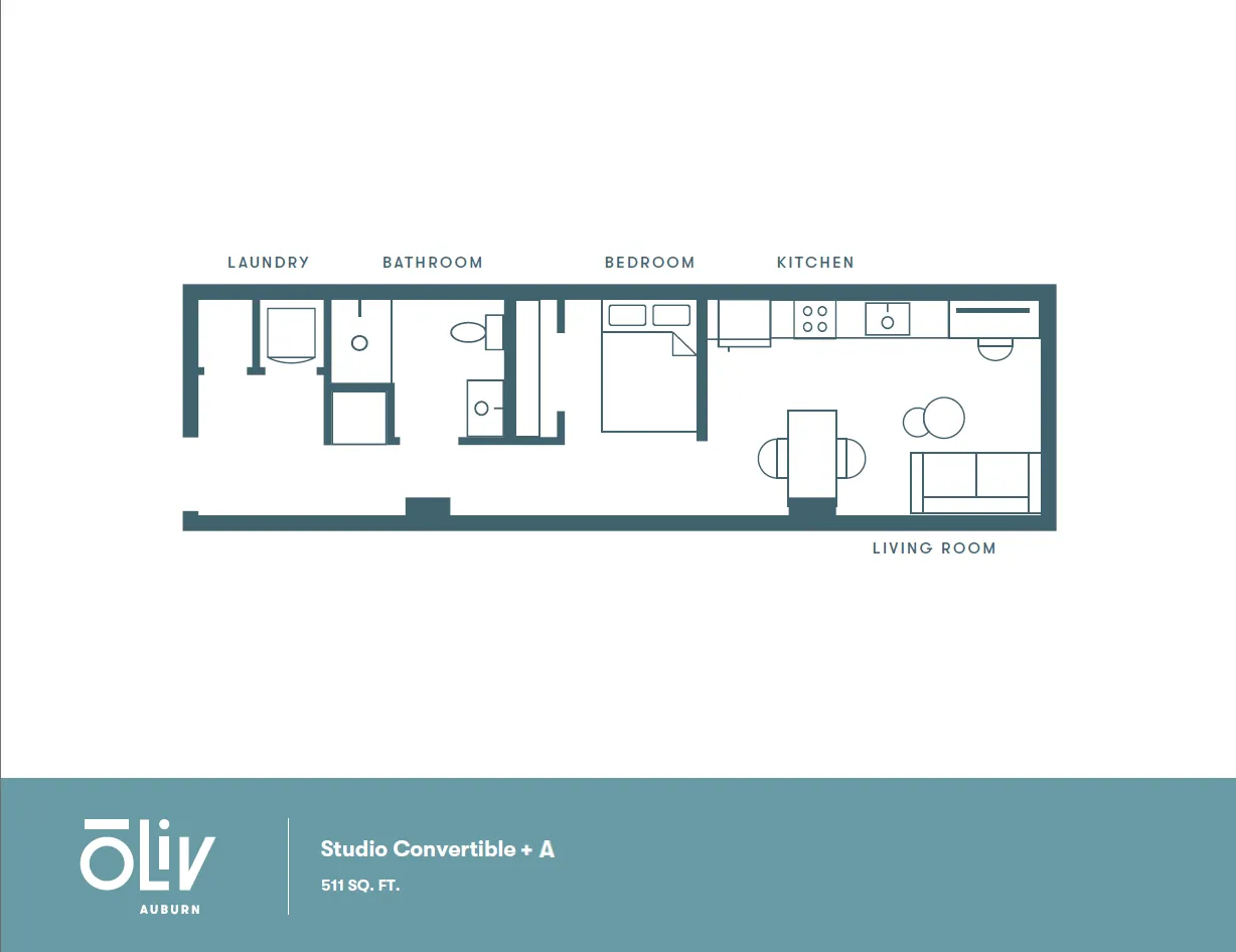 Modern studio convertible floor plan featuring a bedroom, kitchen, living room, and laundry area, 511 sq. ft. at Oliv Auburn.