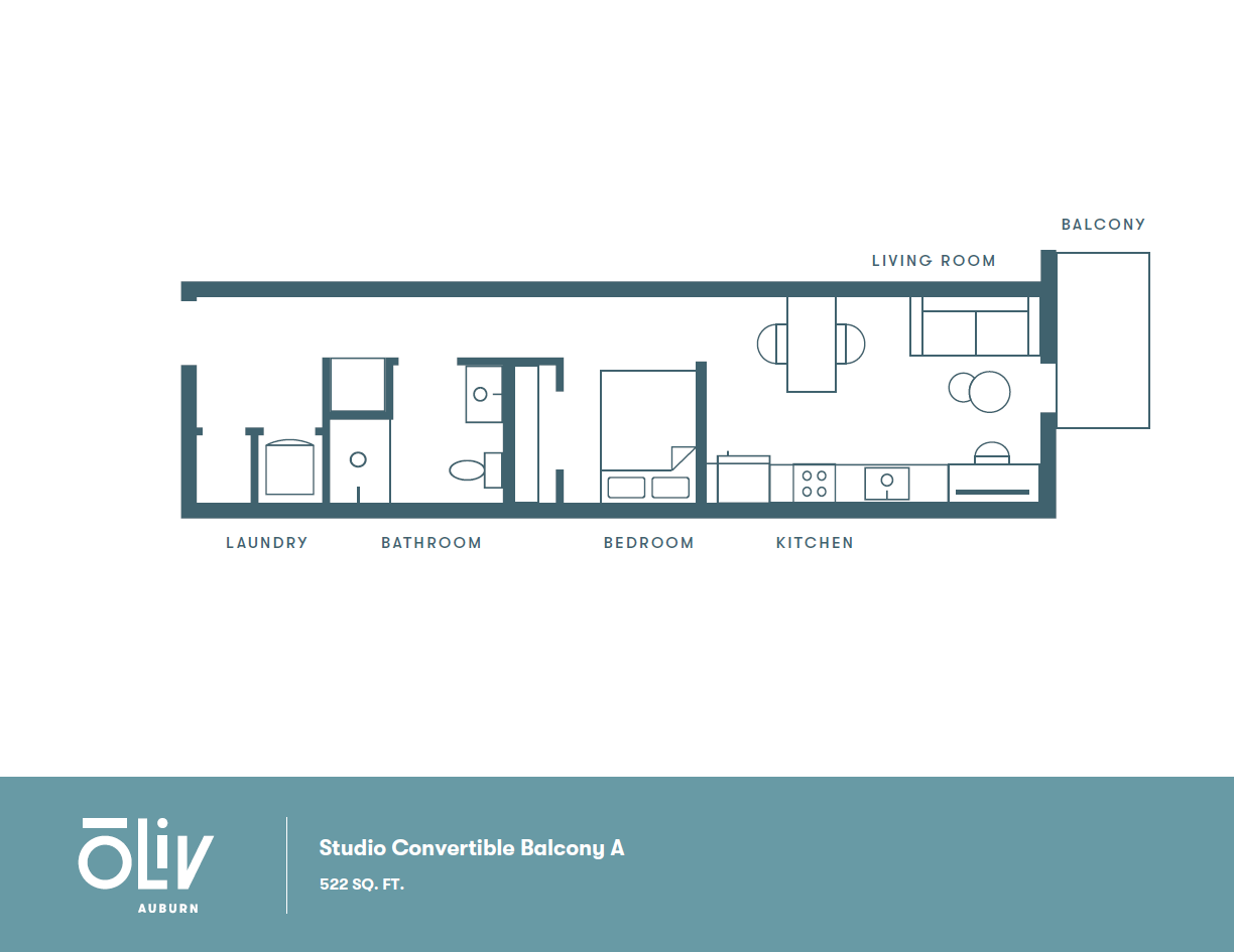 Modern studio floor plan showcasing a convertible layout with a bedroom, kitchen, living room, laundry, bathroom, and a balcony, 522 sq ft.