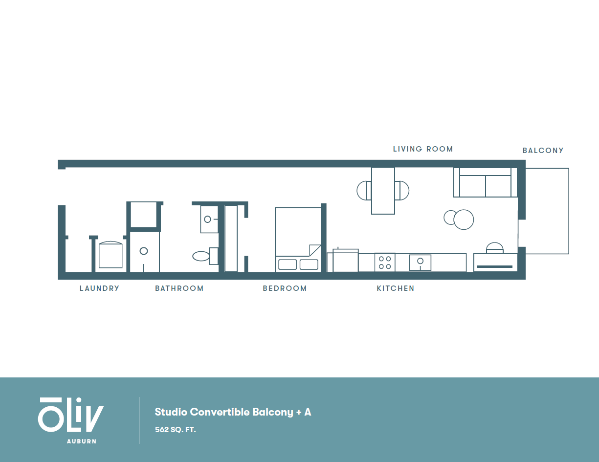 Efficient studio apartment floor plan with convertible balcony, including kitchen, bedroom, bathroom, and living room, maximizing 562 sq. ft. at Oliv Auburn.