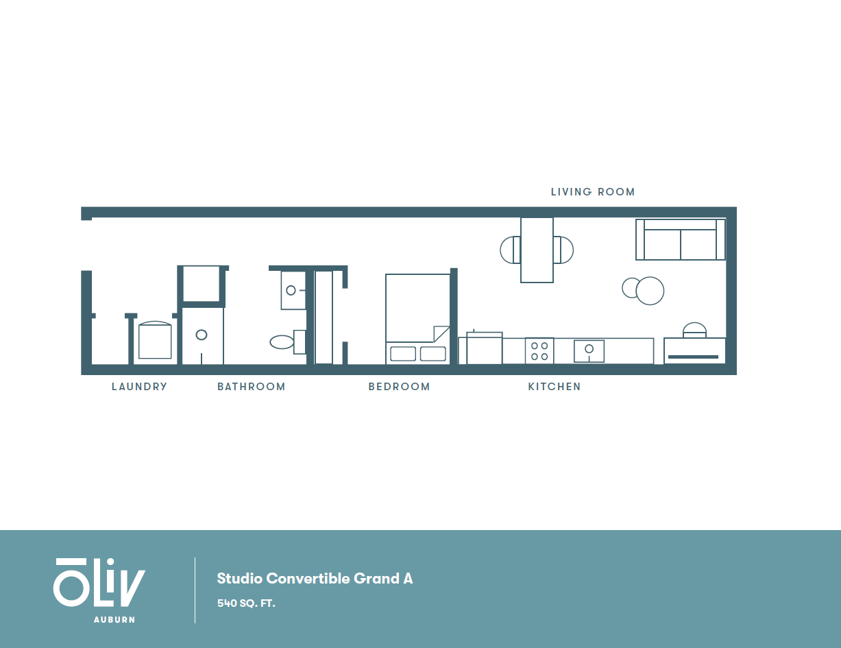 Stylish floor plan of Studio Convertible Grand A with 540 sq. ft., featuring a seamless flow from laundry to bathroom, bedroom, kitchen, and spacious living room.