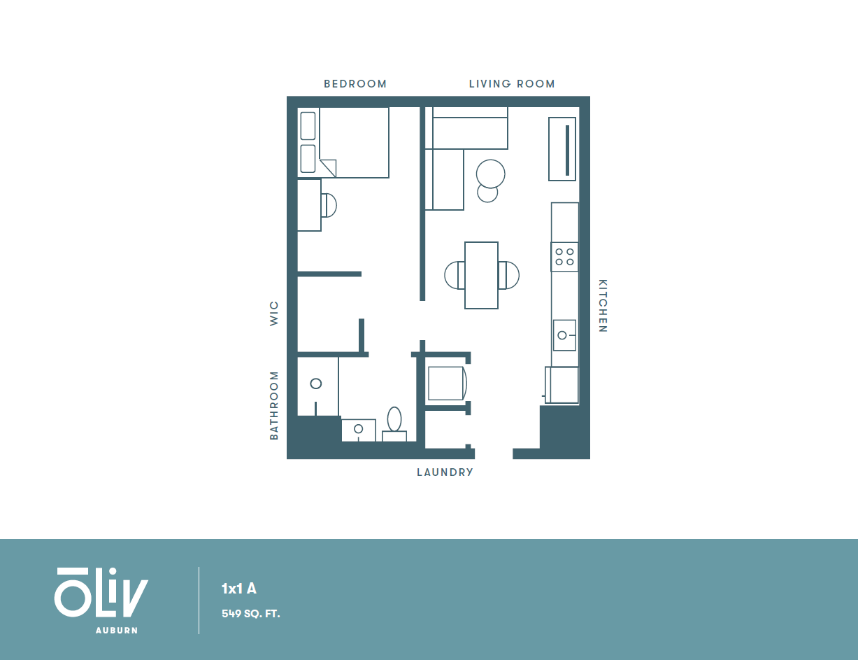 Elegant 1-bedroom floor plan with open living area, kitchen, walk-in closet, and laundry room, 549 sq ft at Oliv Auburn.