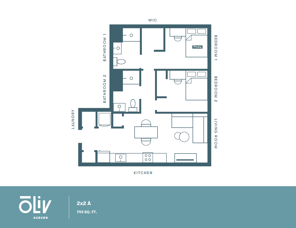 Modern floor plan of a 2-bedroom, 2-bathroom apartment with an open kitchen and spacious living area, complete with a walk-in closet and laundry room. Total area 793 sq ft.