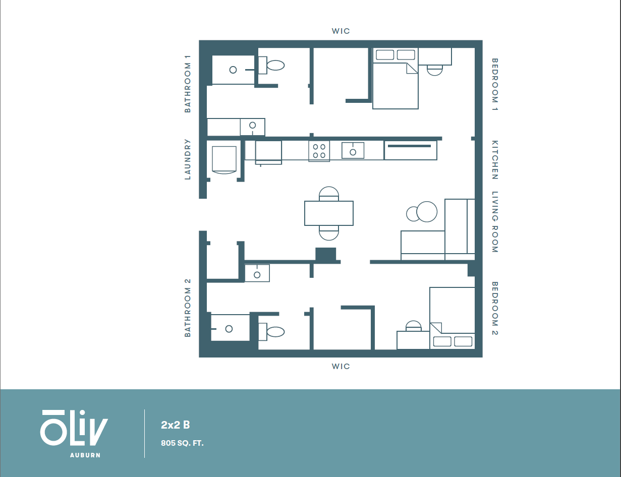 Modern floor plan showcasing 2 bedrooms, 2 bathrooms, and an open kitchen with living area, 805 sq ft at Oliv Auburn.